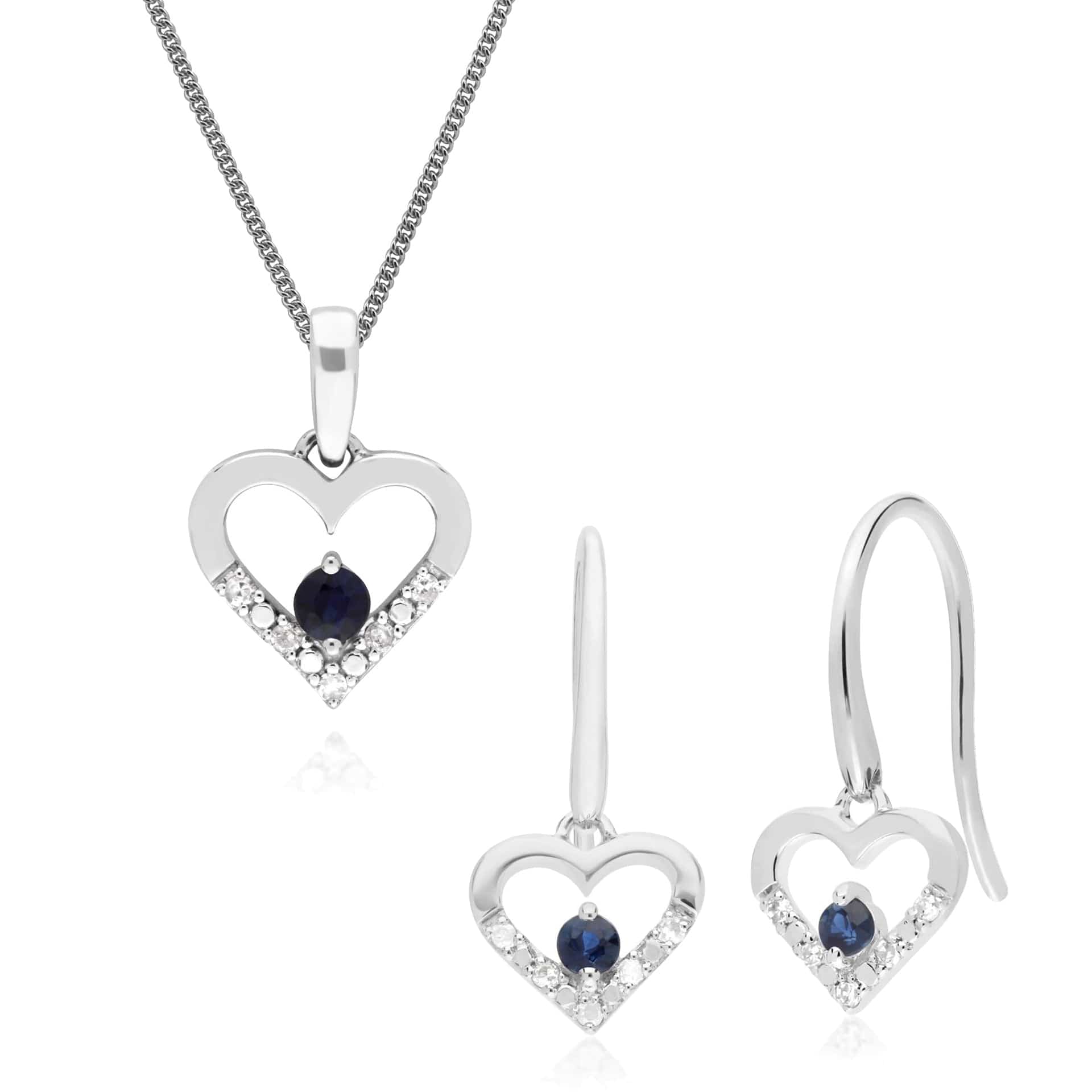 162E0258029-162P0219029 Classic Sapphire & Diamond Heart Drop Earrings & Pendant Set in 9ct White Gold 1