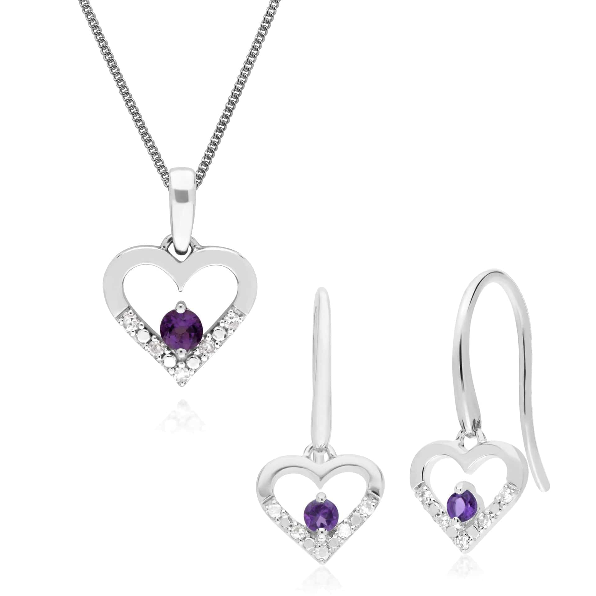 162E0258049-162P0219049 Classic Round Amethyst & Diamond Heart Drop Earrings & Pendant Set in 9ct White Gold 1