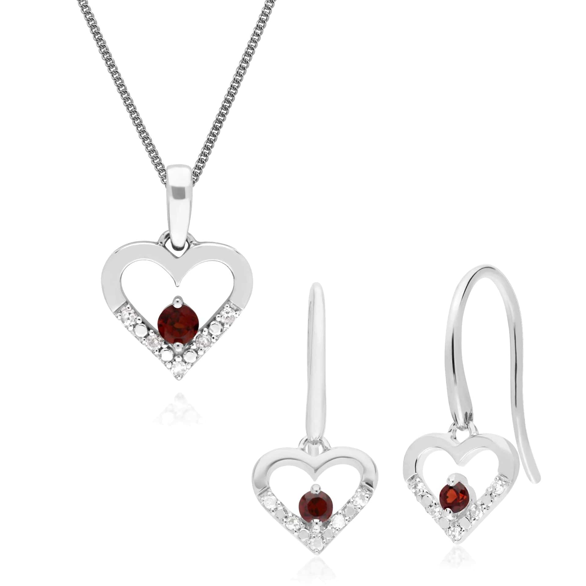 162E0258079-162P0219079 Classic Round Garnet & Diamond Heart Drop Earrings & Pendant Set in 9ct White Gold 1