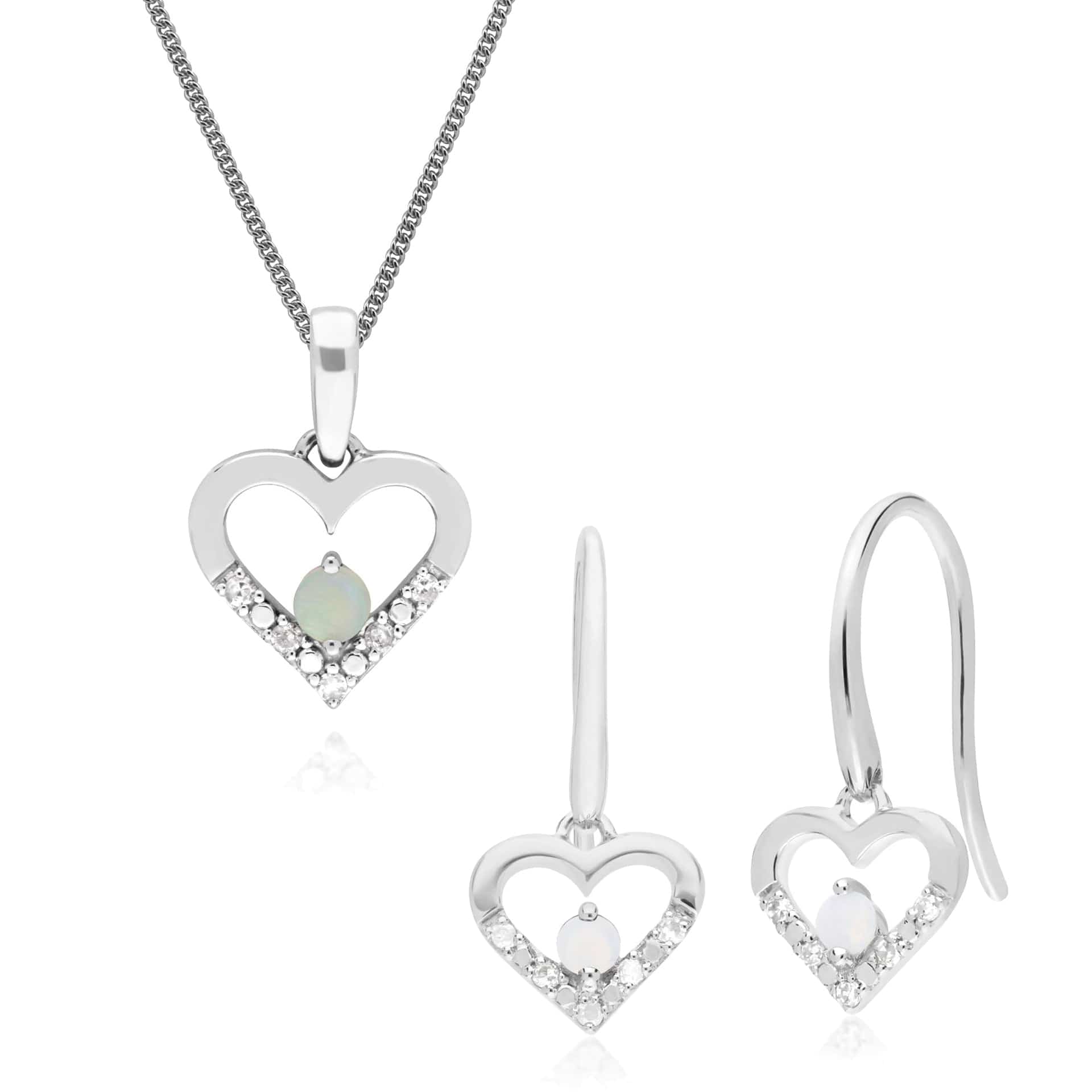 162E0258109-162P0219109 Classic Round Opal & Diamond Heart Drop Earrings & Pendant Set in 9ct White Gold 1