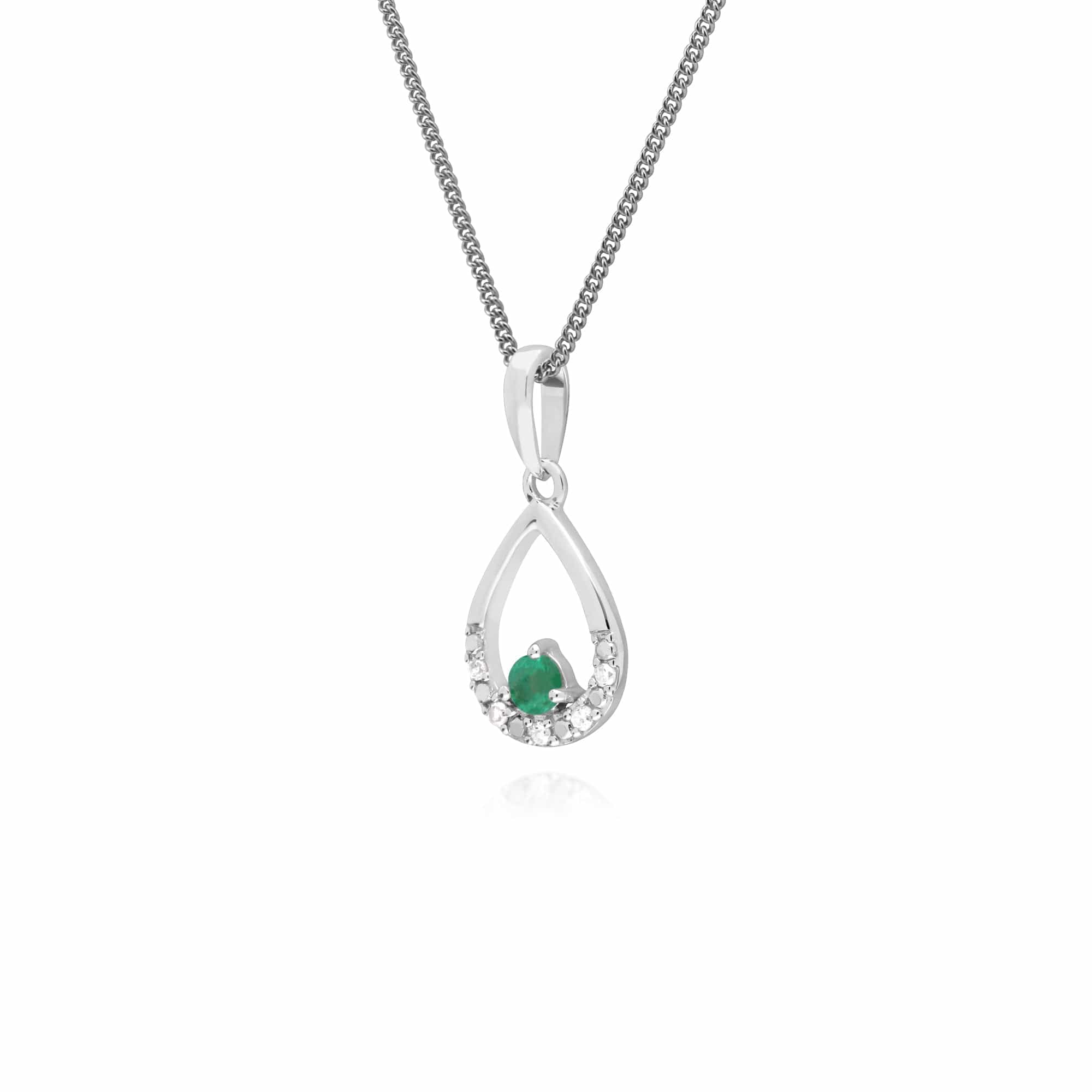 Classic Round Emerald & Diamond Pear Shaped Pendant in 9ct White Gold - Gemondo