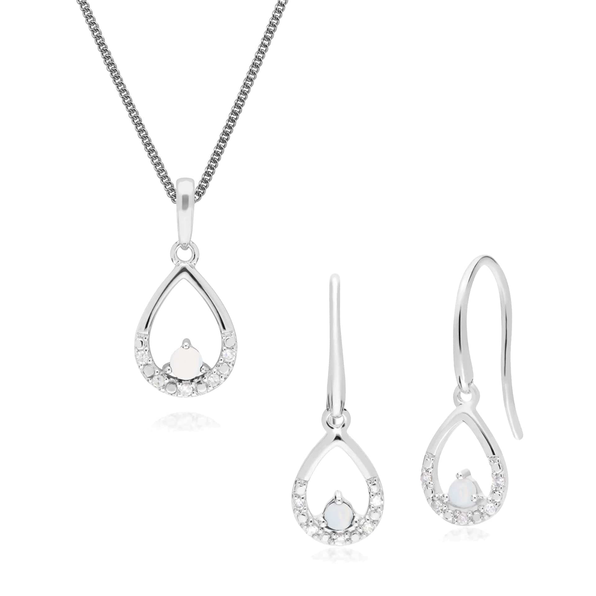 162E0259109-162P0220109 Classic Round Opal & Diamond Tear Drop Earrings & Pendant Set in 9ct White Gold 1