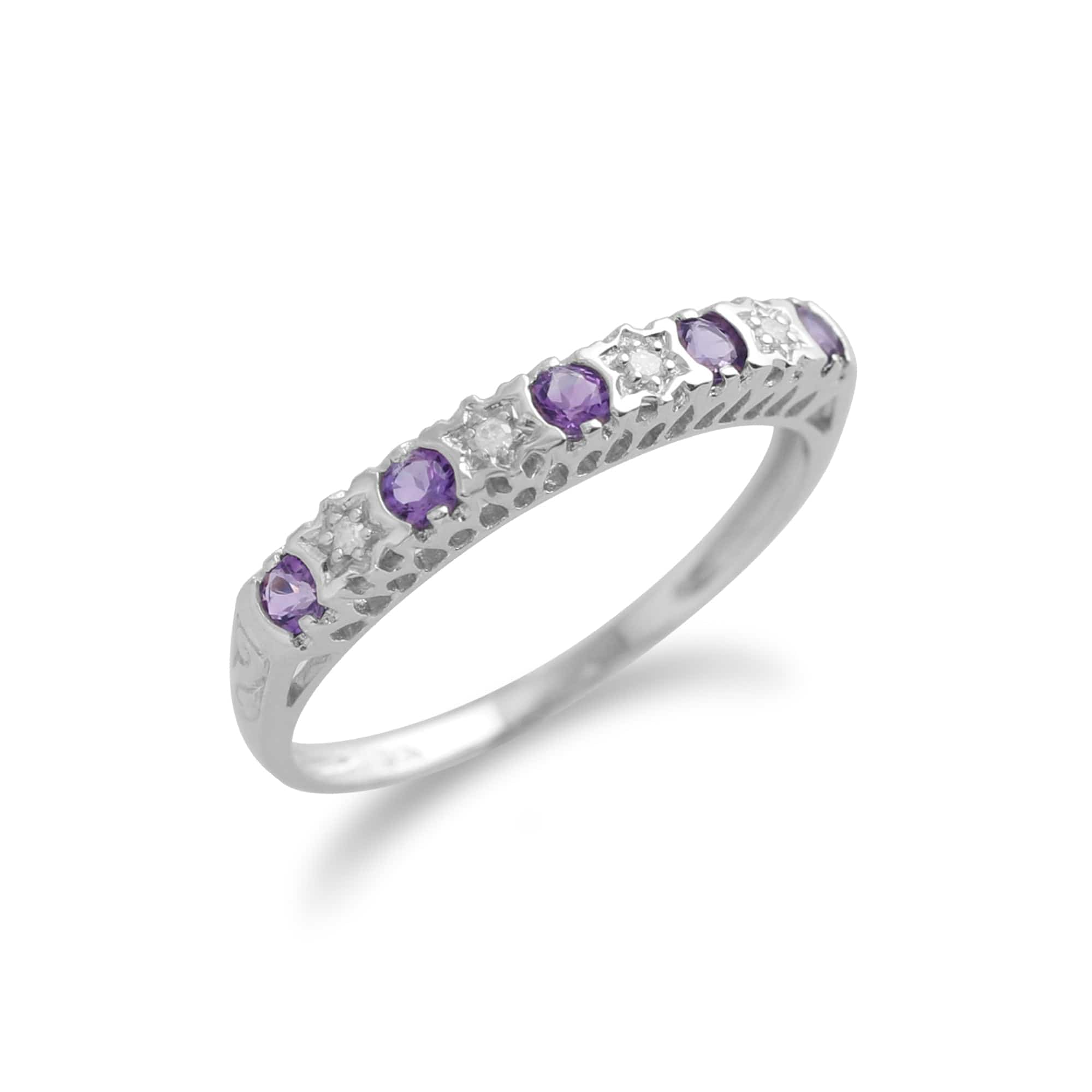 Classic Round Amethyst & Diamond Half Eternity Ring in 9ct White Gold - Gemondo