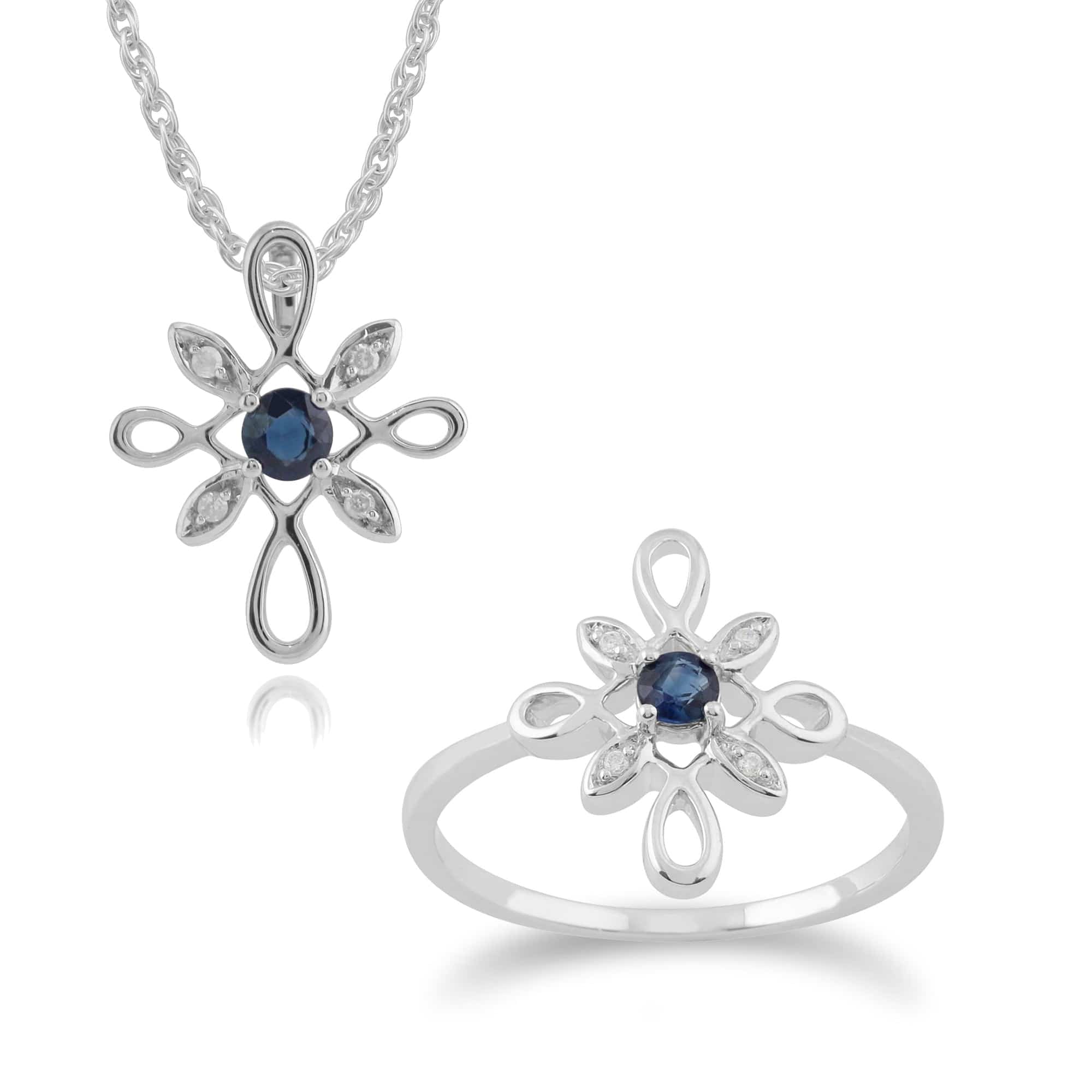 162P0148019-162R0169019 Floral Round Sapphire & Diamond Starburst Pendant & Ring Set in 9ct White Gold 1