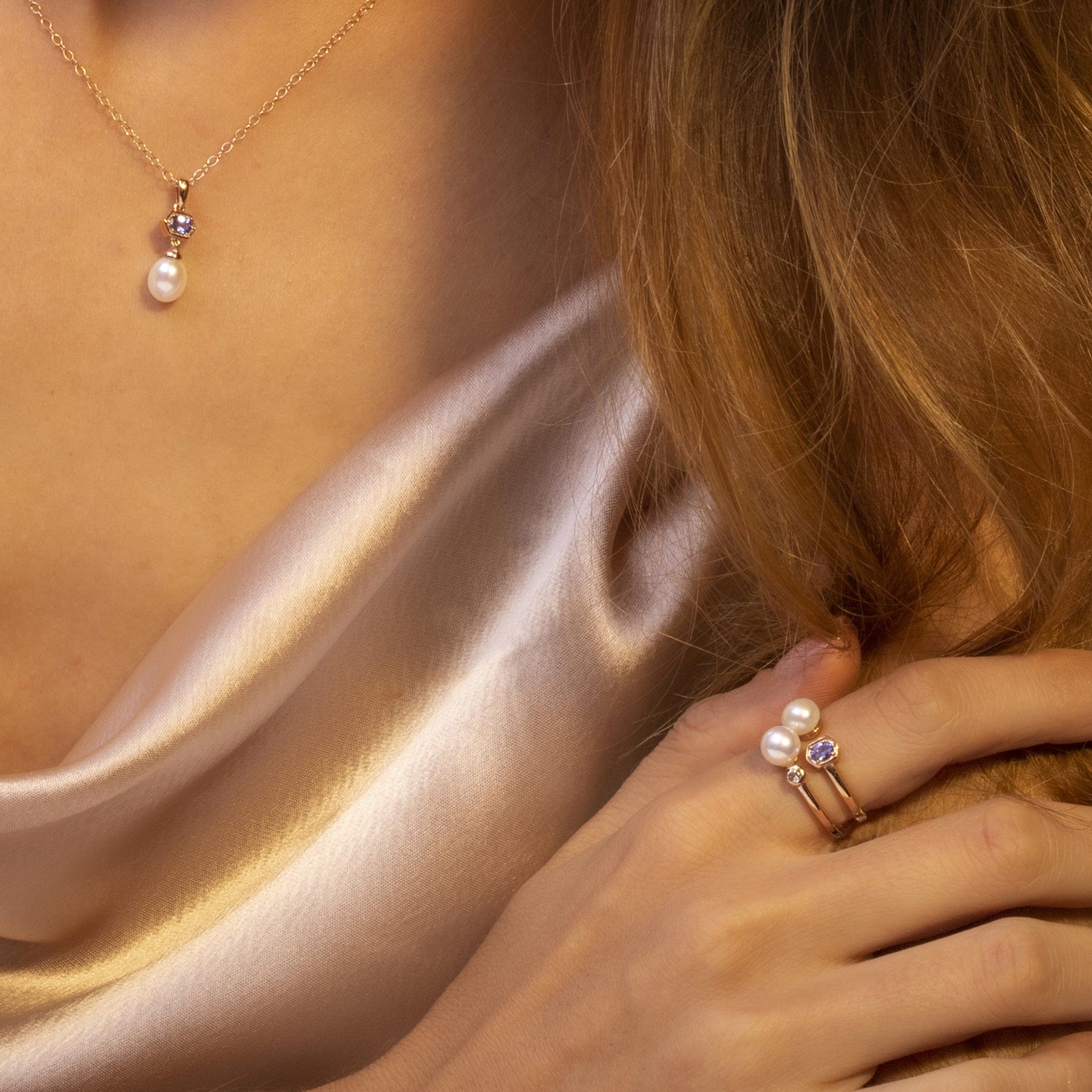 Modern Pearl & Tanzanite Open Ring in Rose Gold Plated Silver - Gemondo