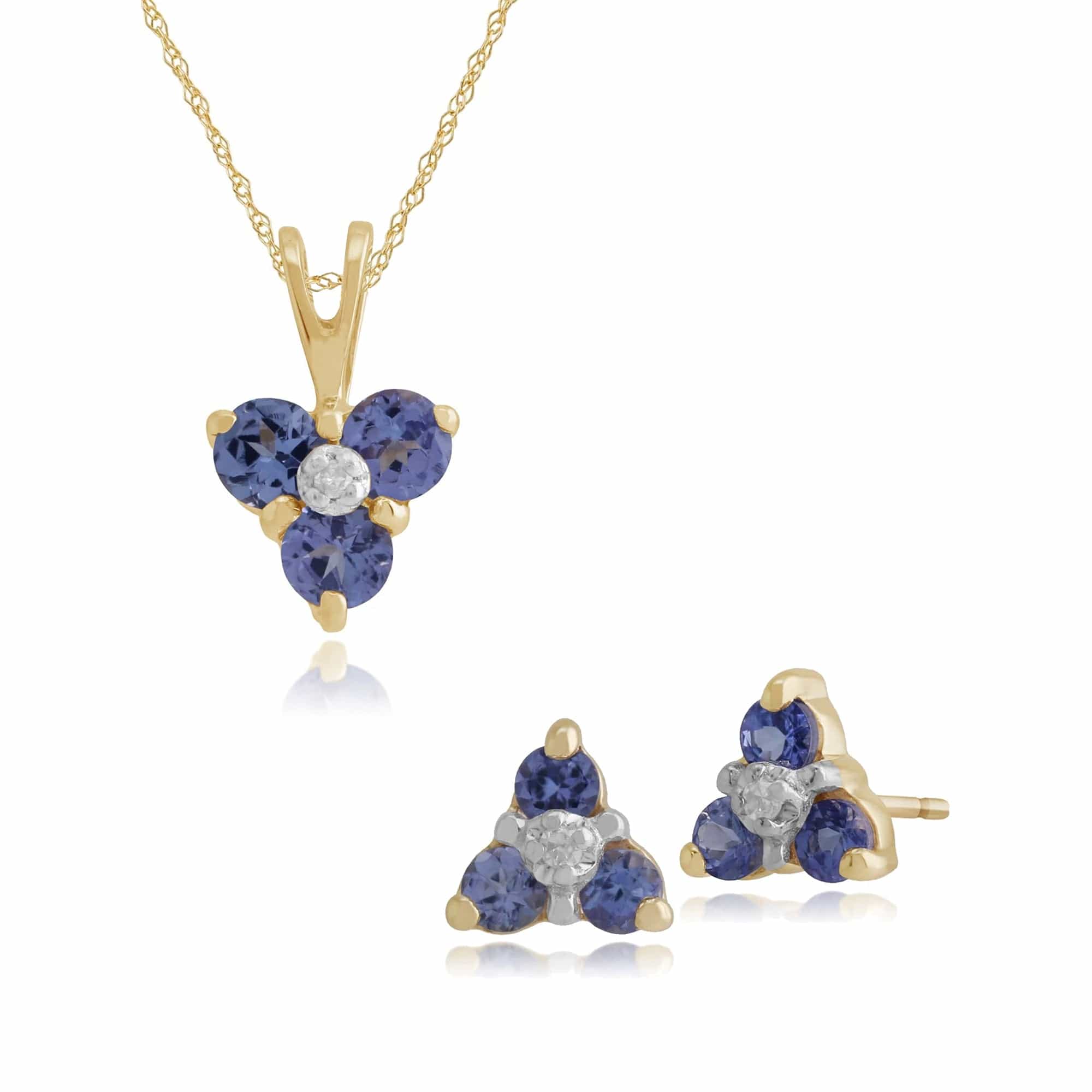 181E0018339-181P0014249 Floral Round Tanzanite & Diamond Flower Stud Earrings & Pendant Set in 9ct Yellow Gold 1