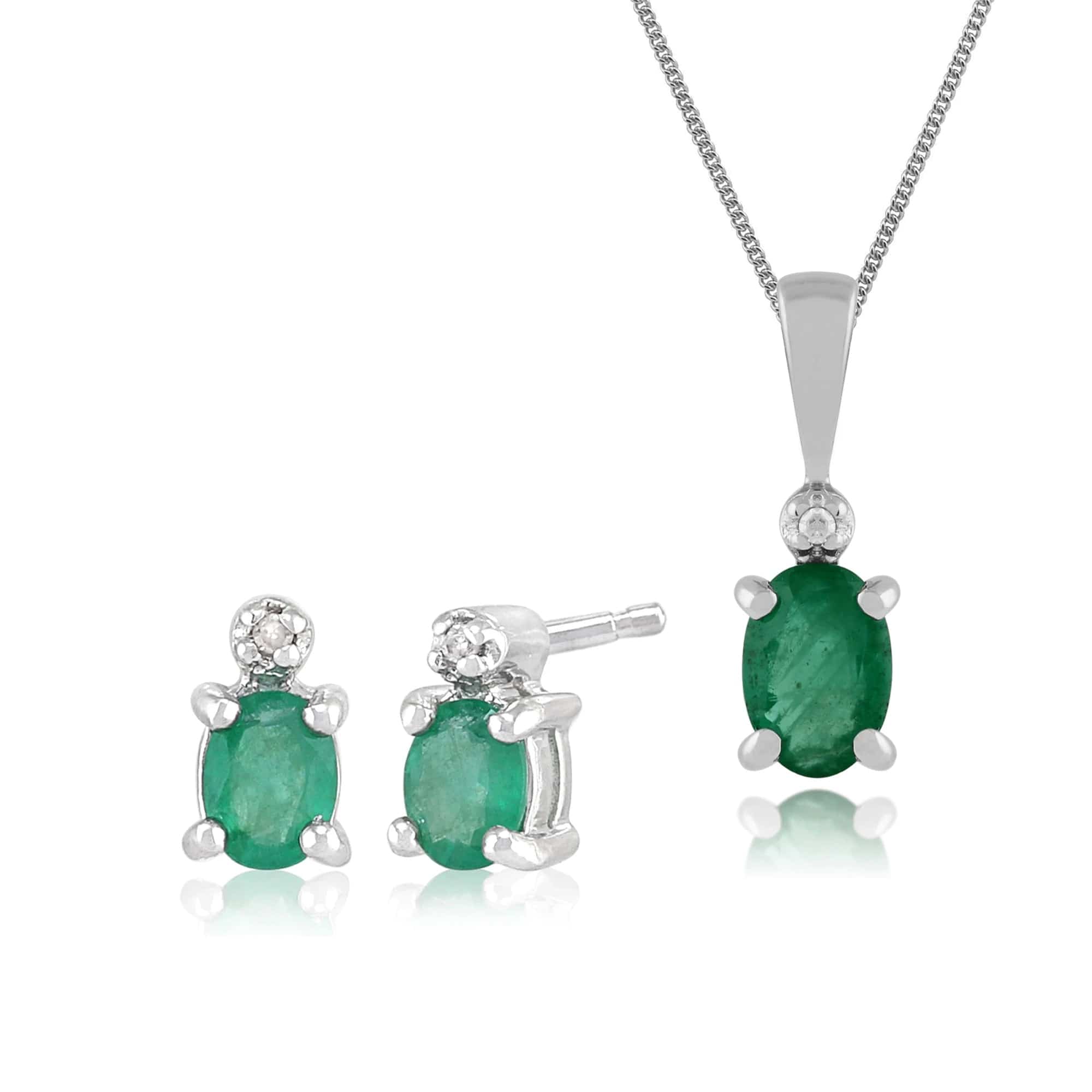 Classic Oval Emerald & Diamond Stud Earrings & Pendant in 9ct White Gold - Gemondo