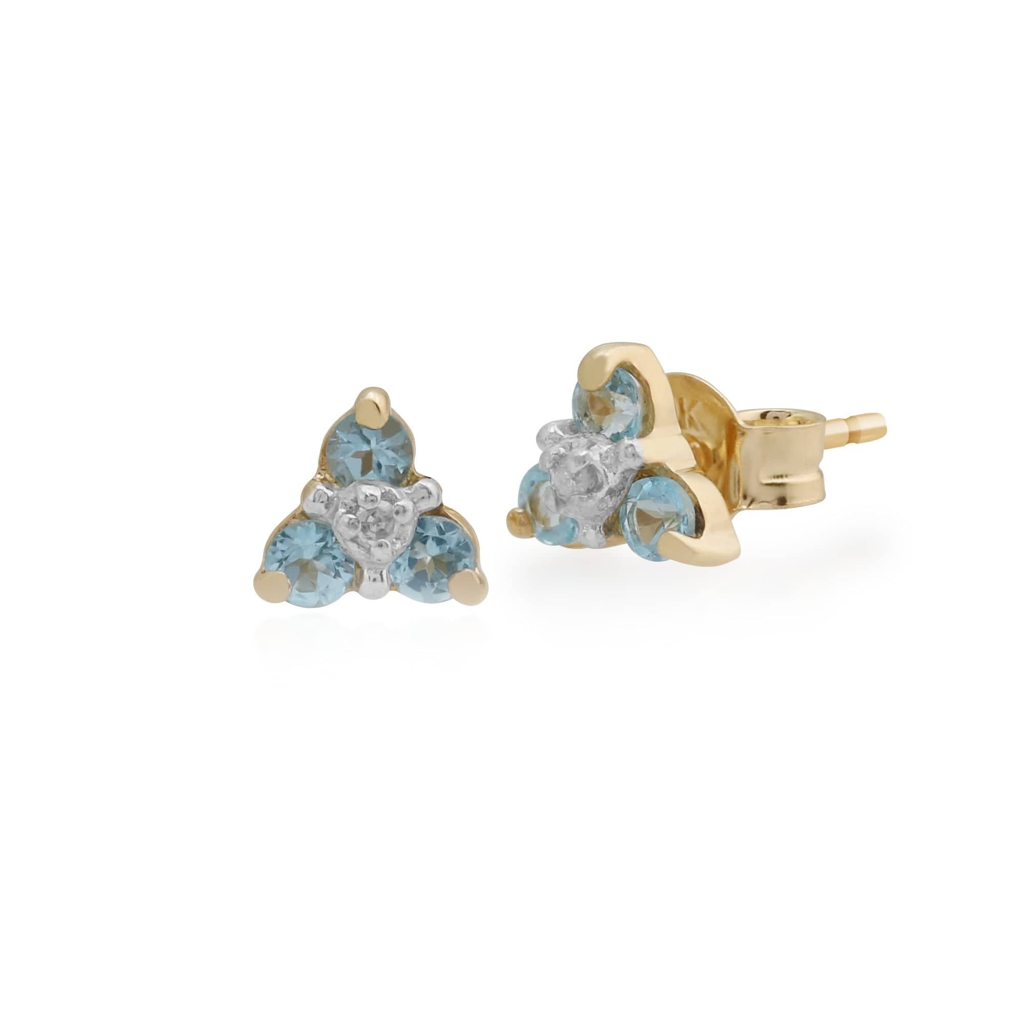 Classic Round Blue Topaz & Diamond Cluster Stud Earrings in 9ct Yellow Gold - Gemondo