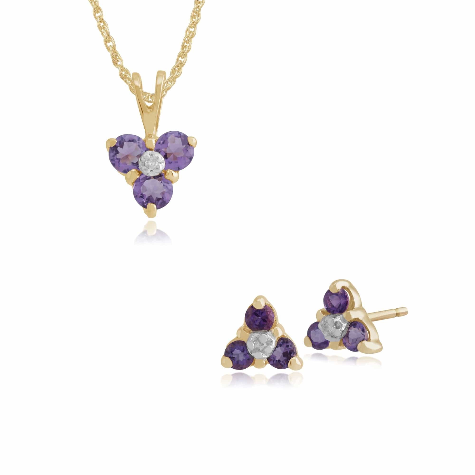 10163-10472 Floral Round Amethyst & Diamond Flower Stud Earrings & Pendant Set in 9ct Yellow Gold 1