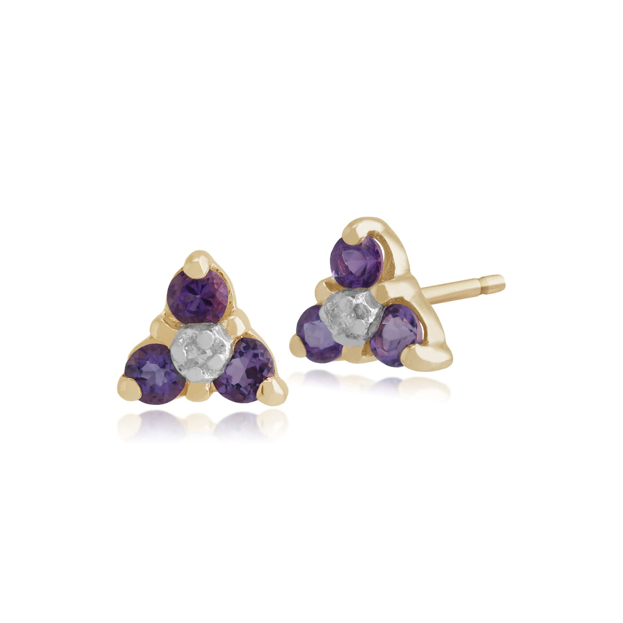 Classic Round Amethyst & Diamond Cluster Stud Earrings in 9ct Yellow Gold - Gemondo