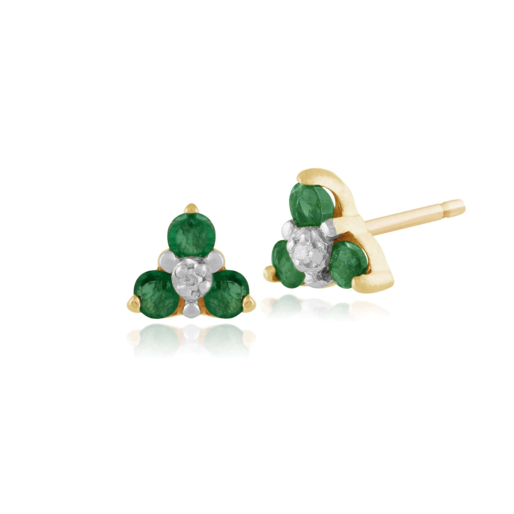 Floral Round Emerald & Diamond Cluster Stud Earrings in 9ct Yellow Gold - Gemondo