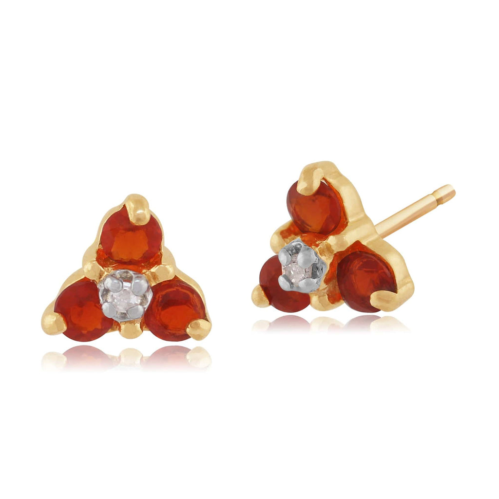 Classic Round Fire Opal & Diamond Cluster Stud Earrings 9ct Yellow Gold