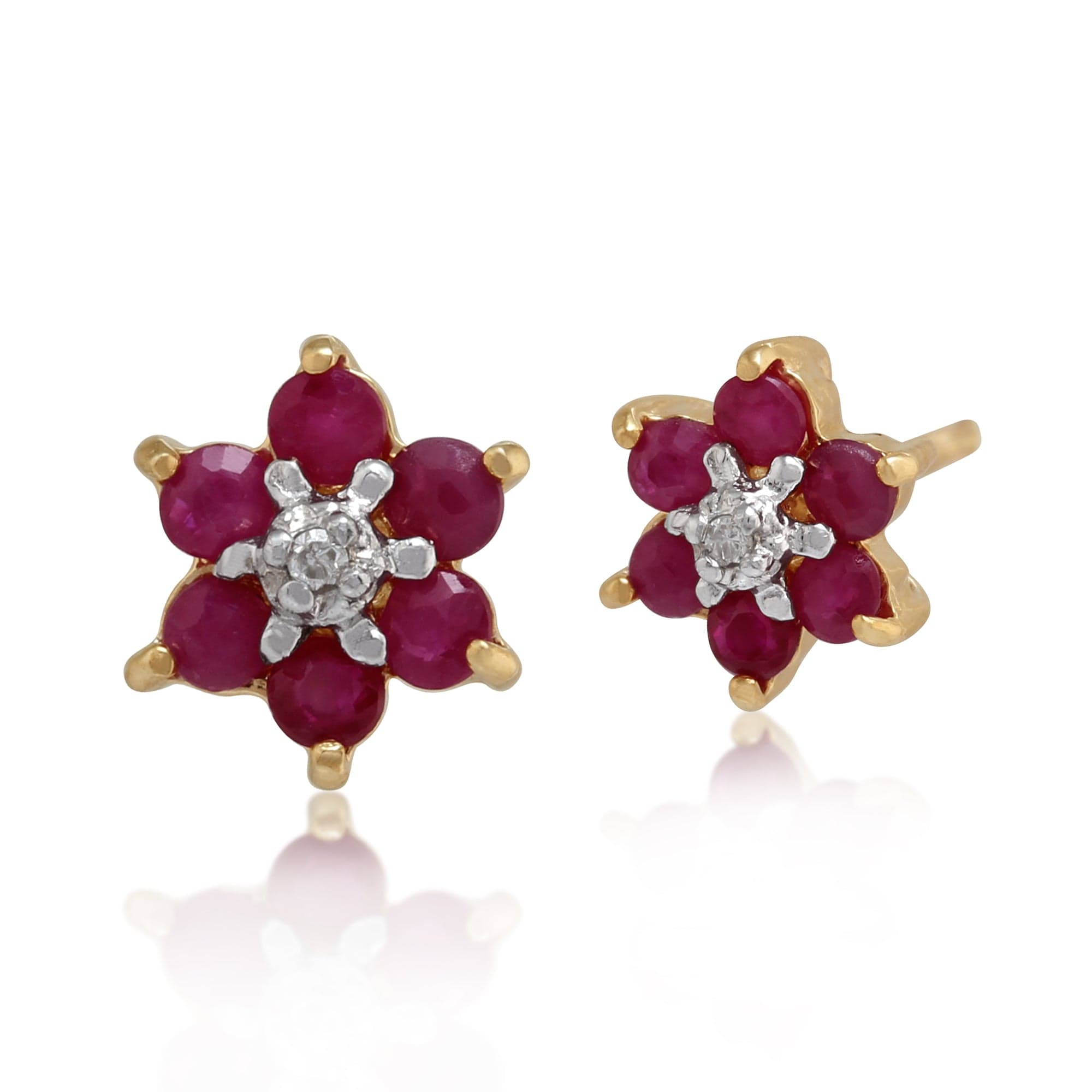 Floral Round Ruby & Diamond Cluster Stud Earrings in 9ct Yellow Gold - Gemondo