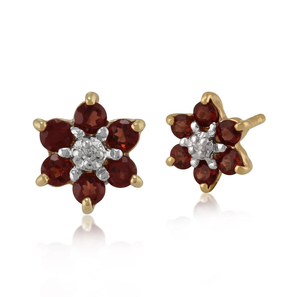Floral Oval Garnet & Diamond Cluster Stud Earrings 9ct Yellow Gold