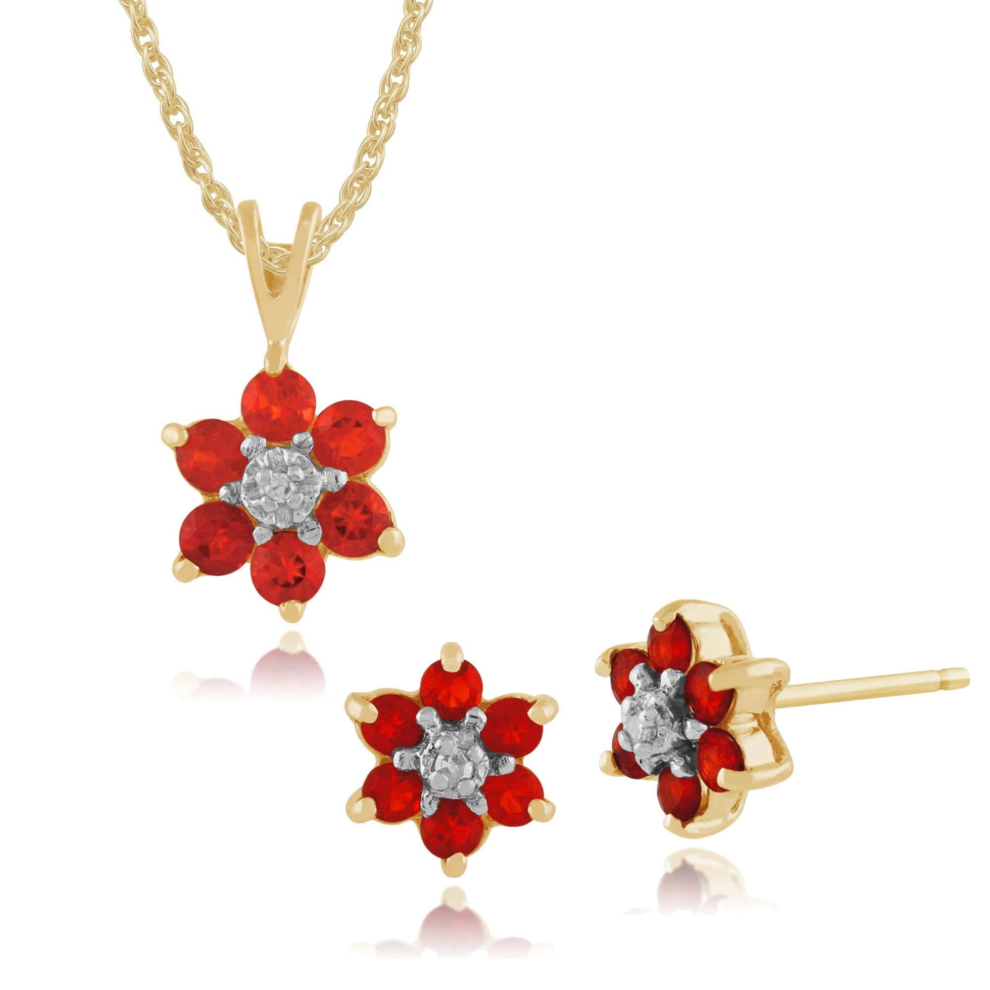 Floral Fire Opal & Diamond Flower Stud Earrings & Pendant Set Image 1