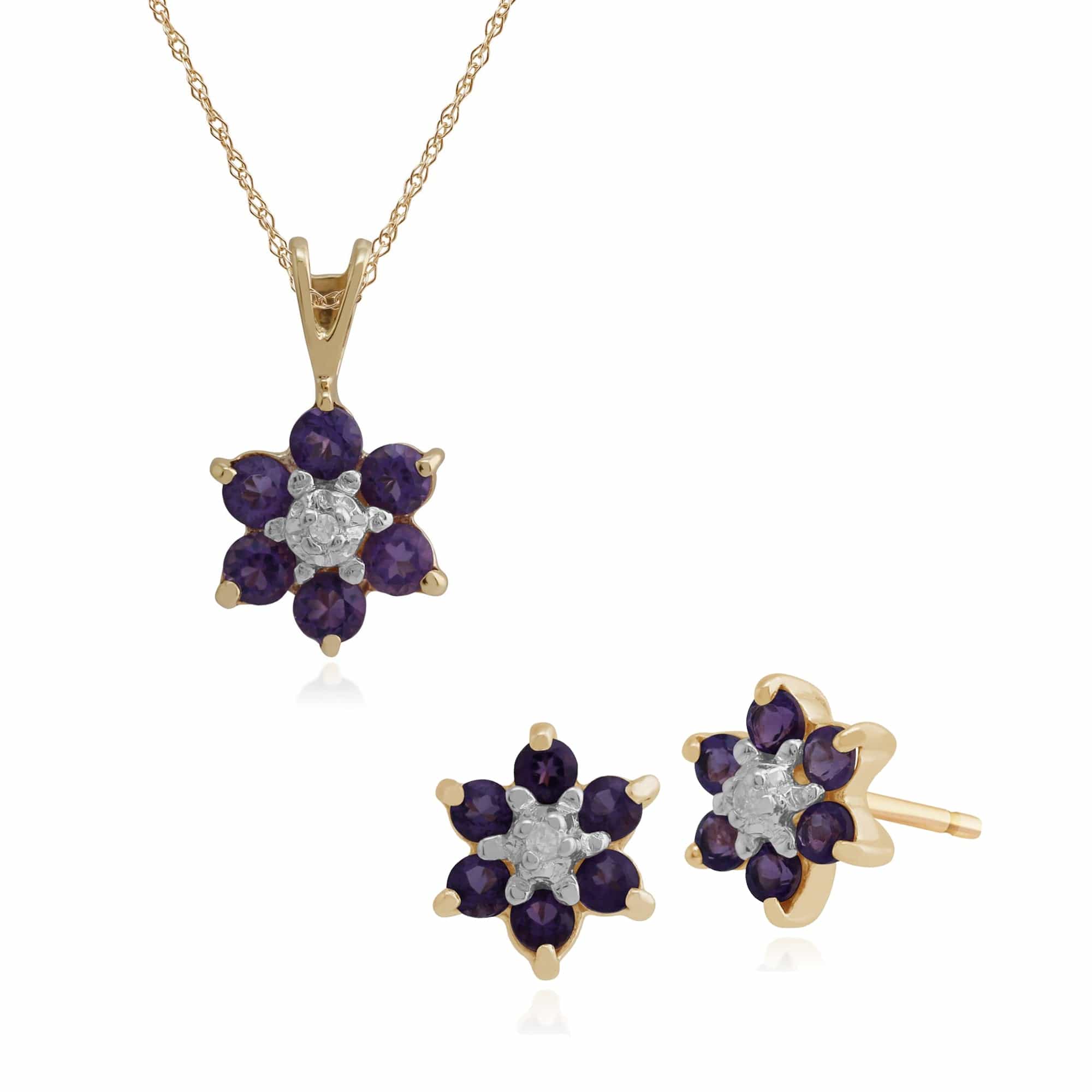 181E0019439-181P0016509 Floral Round Amethyst & Diamond Cluster Stud Earrings & Pendant Set in 9ct Yellow Gold 1