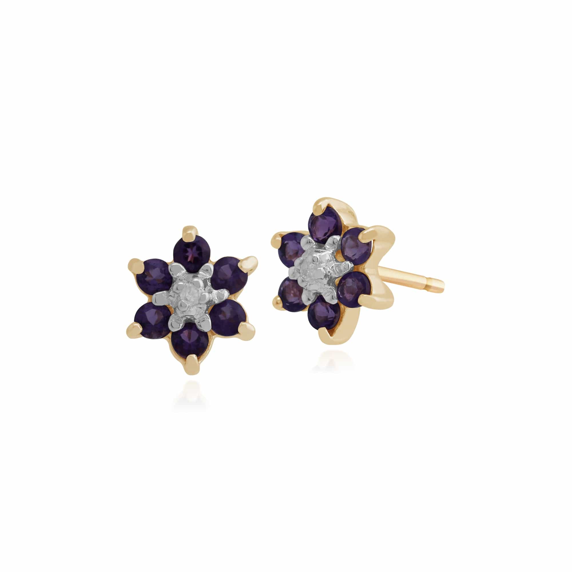 Floral Round Amethyst & Diamond Cluster Stud Earrings in 9ct Yellow Gold - Gemondo