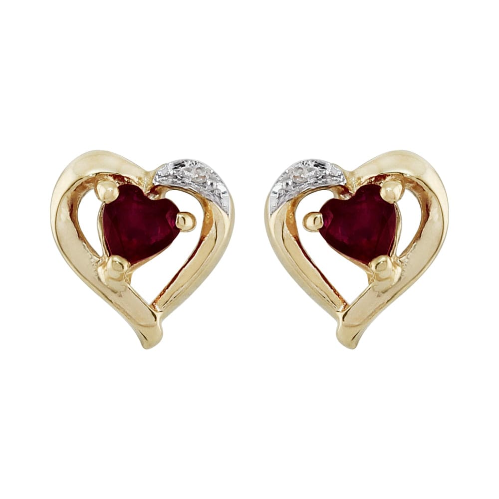 Classic Heart Garnet & Diamond Stud Earrings in 9ct Yellow Gold - Gemondo