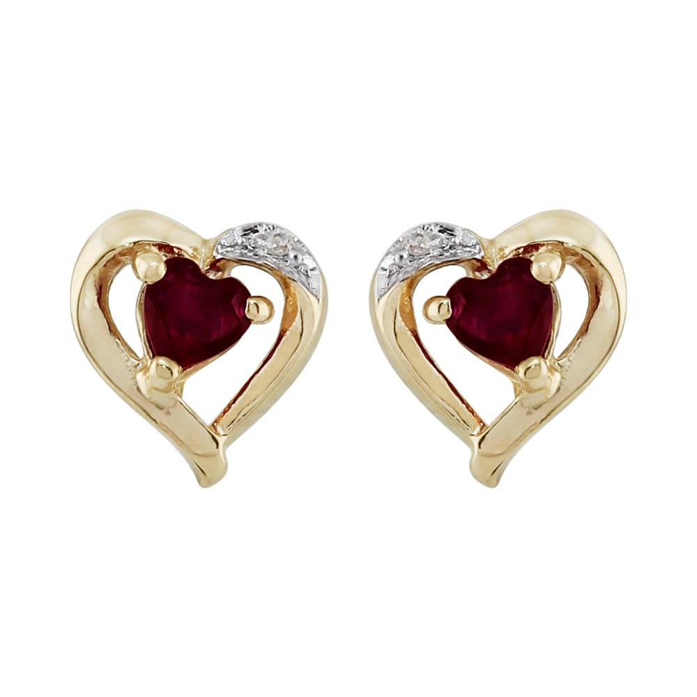 Classic Heart Garnet & Diamond Stud Earrings in 9ct Yellow Gold - Gemondo