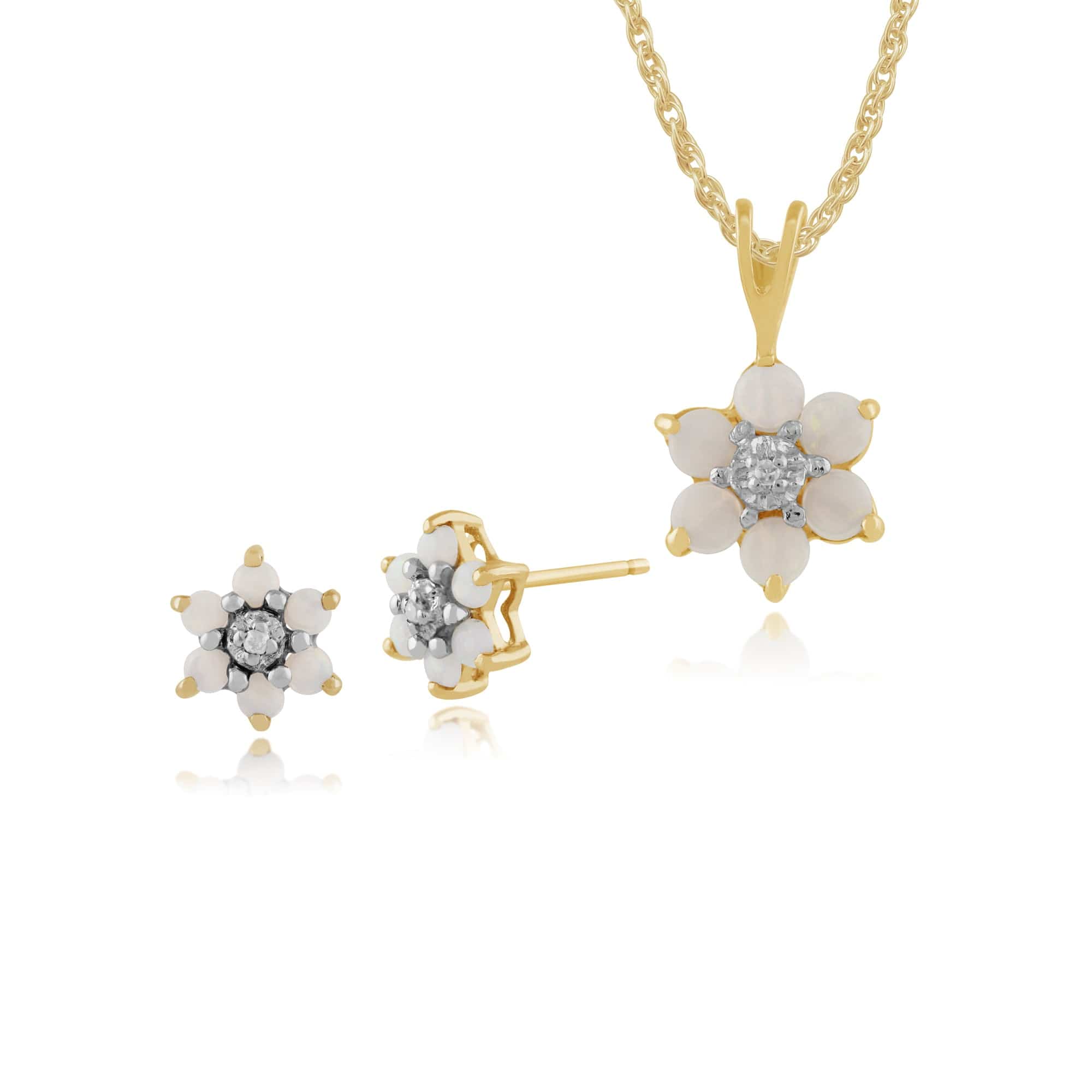 181E0726029-181P0016459 Floral Round Opal & Diamond Flower Cluster Stud Earrings & Pendant Set in 9ct Yellow Gold 1