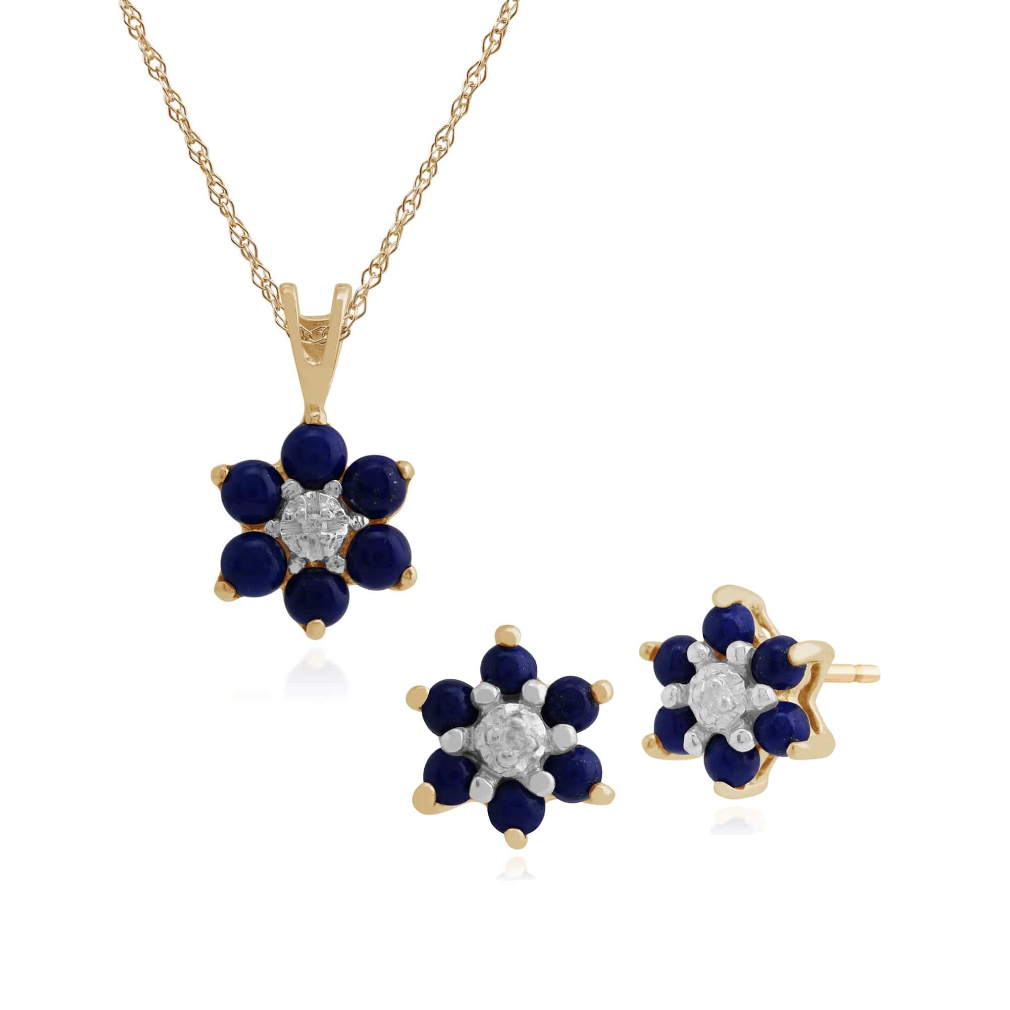 181E0726049-181P0016529 Floral Round Lapis Lazuli & Diamond Cluster Stud Earrings & Pendant Set in 9ct Yellow Gold 1