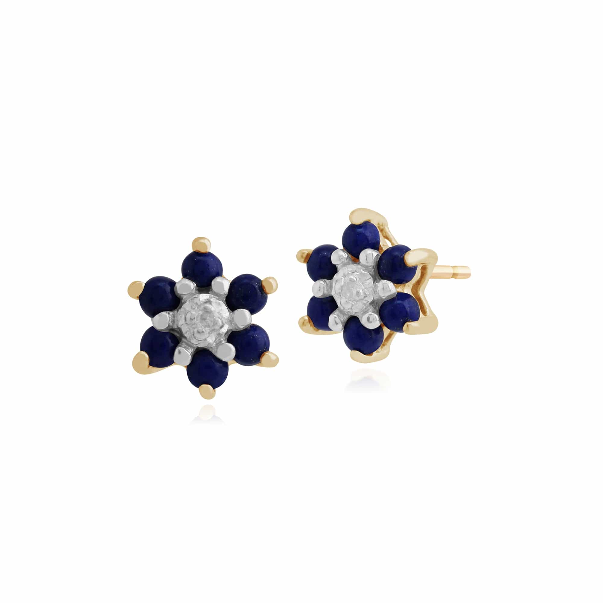 Floral Round Lapis Lazuli & Diamond Cluster Stud Earrings & Pendant Set in 9ct Yellow Gold - Gemondo