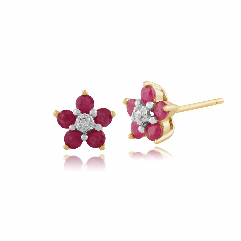 Floral Five Round Ruby & Diamond Cluster Stud Earrings 9ct Yellow Gold