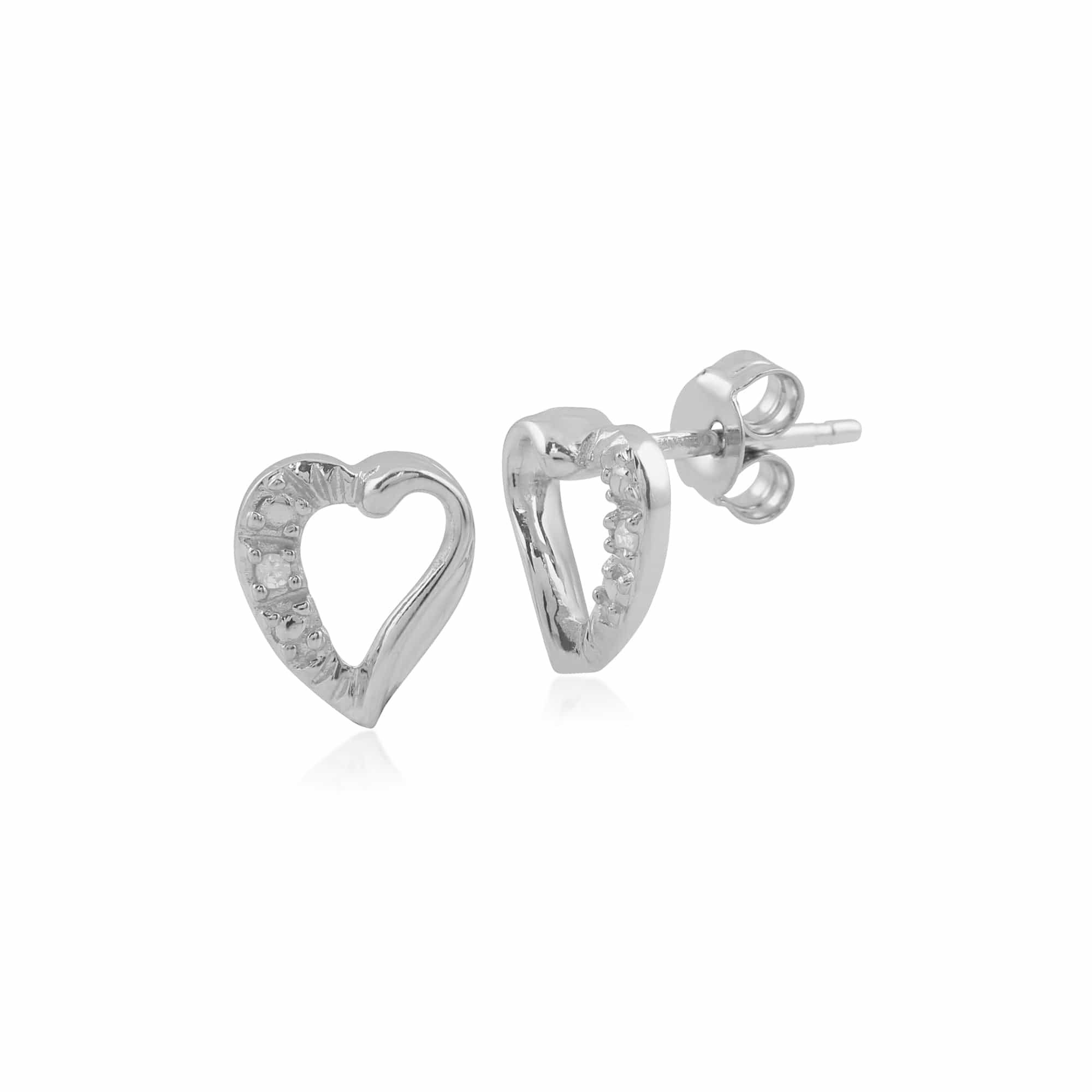 9ct White Gold Round Cut Diamond Heart Stud Earrings Image