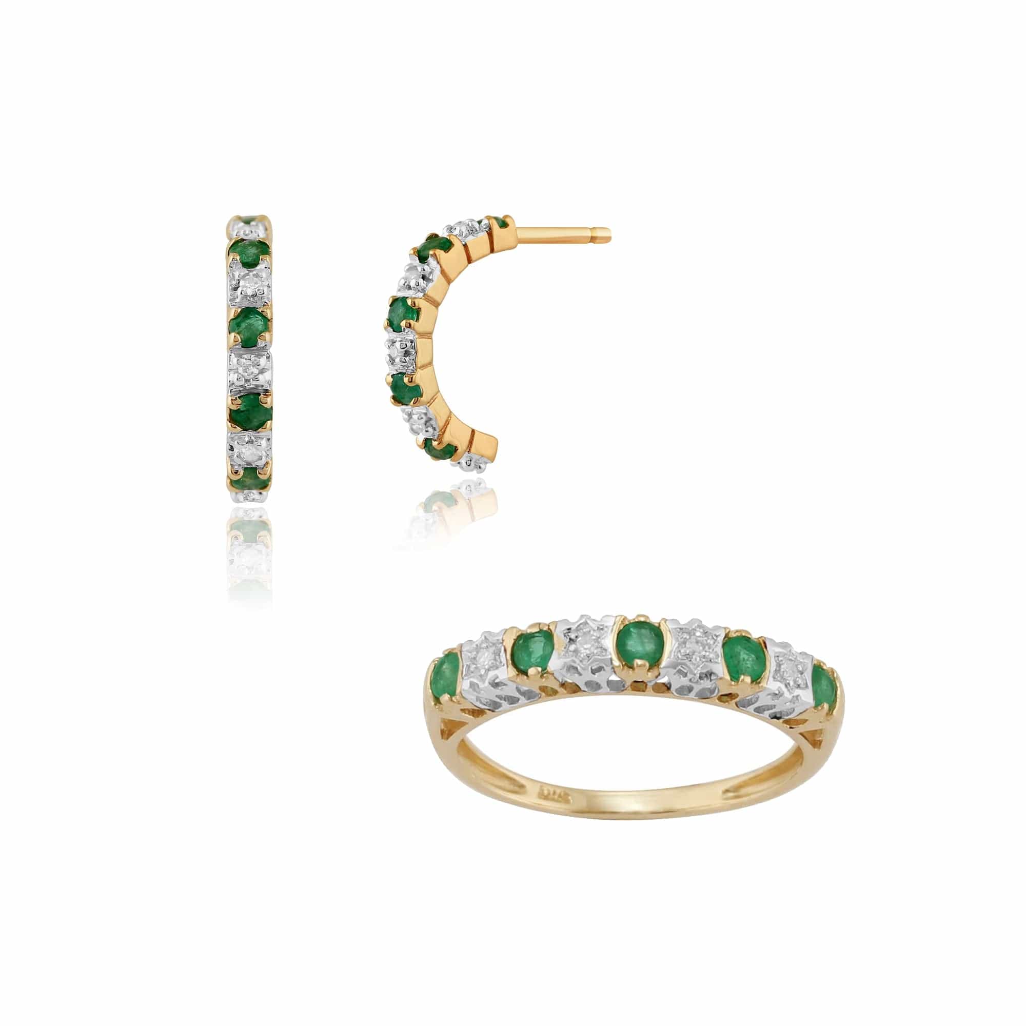 Classic Emerald & Diamond Half Hoop Earrings & Half Eternity Ring Set Image 1