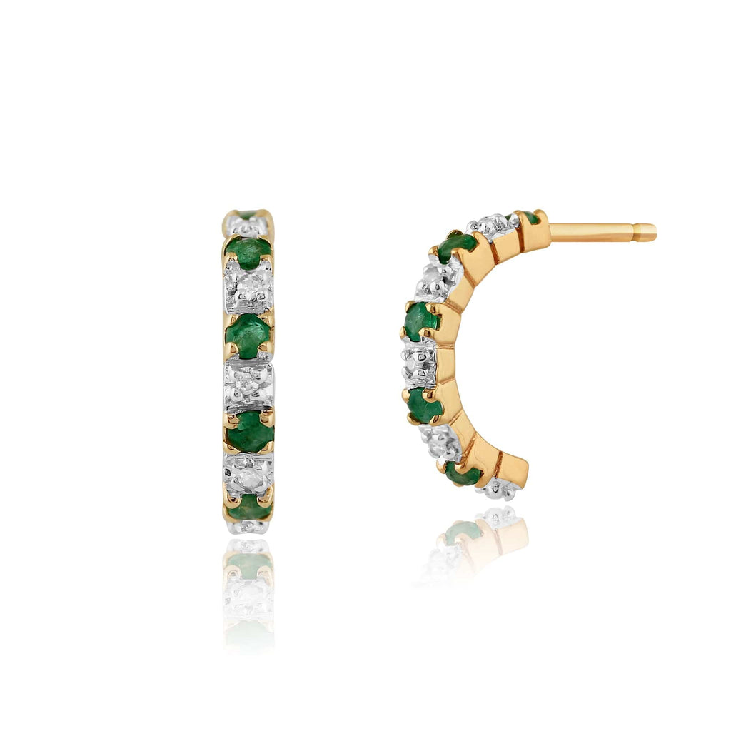 Classic Round Emerald & Diamond Half Hoop Style Earrings 9ct Yellow Gold