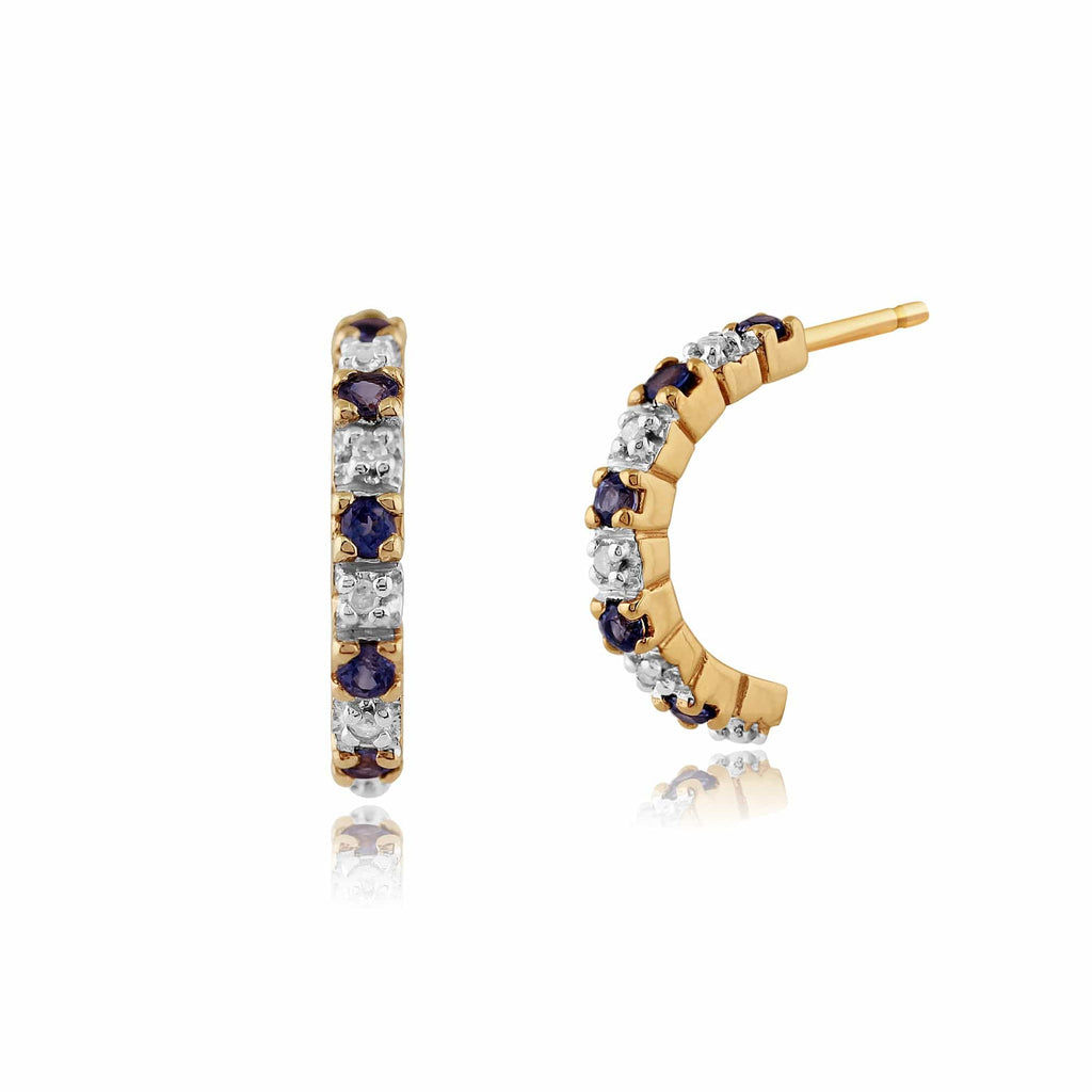 Classic Round Sapphire & Diamond Half Hoop Style Earrings 9ct Yellow Gold