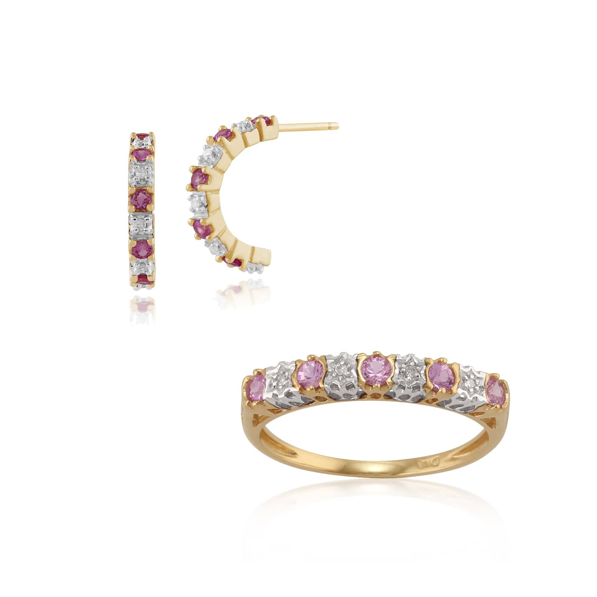 181E0763059-22326 Classic Round Pink Sapphire & Diamond 9ct Yellow Gold Half Hoop Earrings & Half Eternity Ring 1