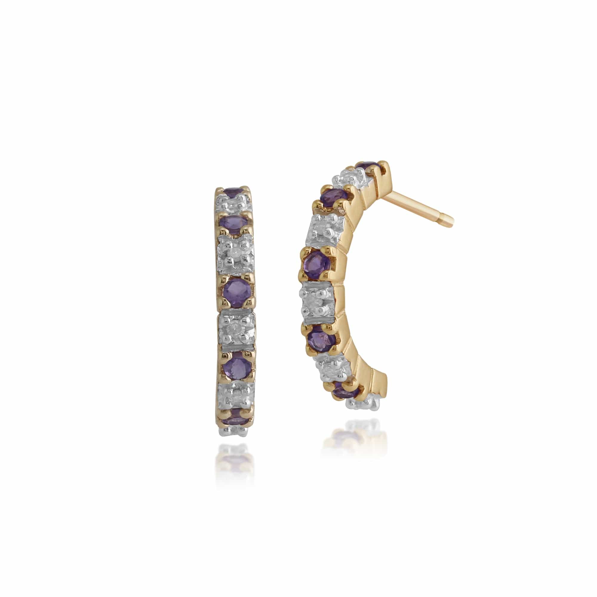 Classic Round Amethyst & Diamond Half Hoop Earrings in 9ct Yellow Gold - Gemondo