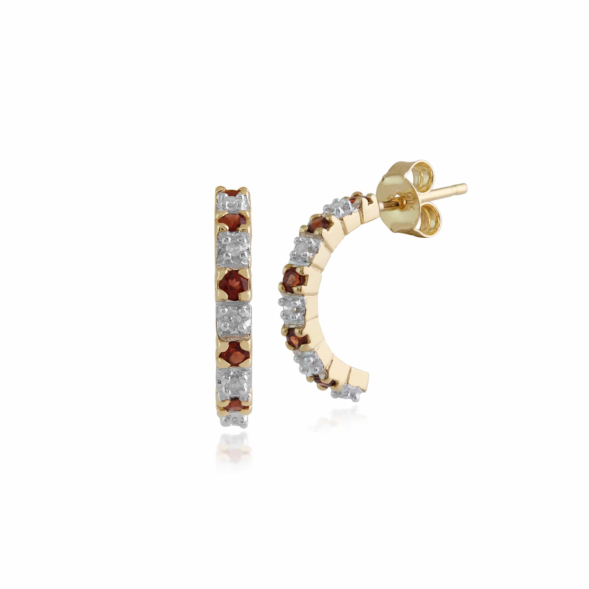 Classic Round Garnet & Diamond Half Hoop Earrings in 9ct Yellow Gold - Gemondo