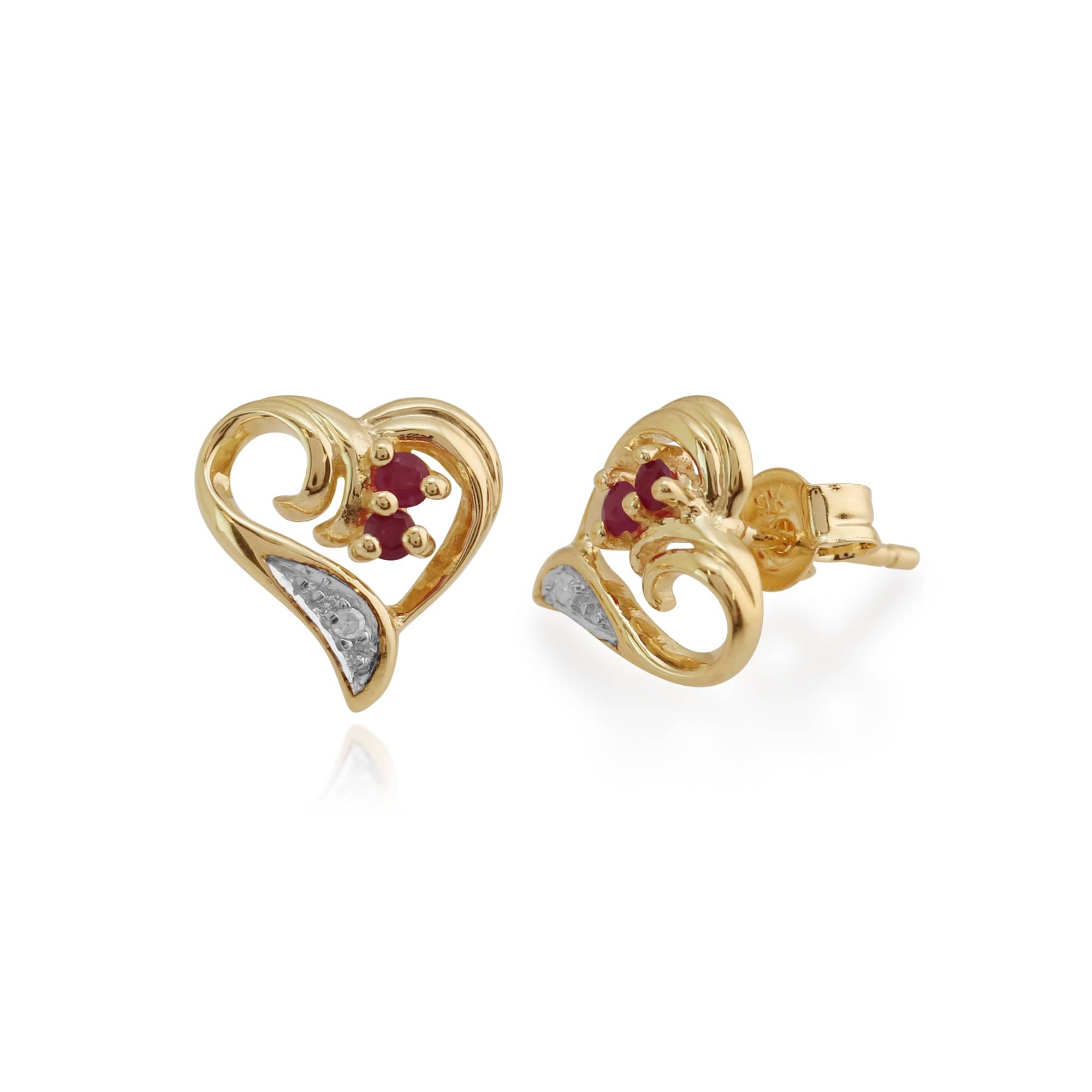 Classic Ruby & Diamond Swirled Love Heart Stud Earrings in 9ct Gold - Gemondo