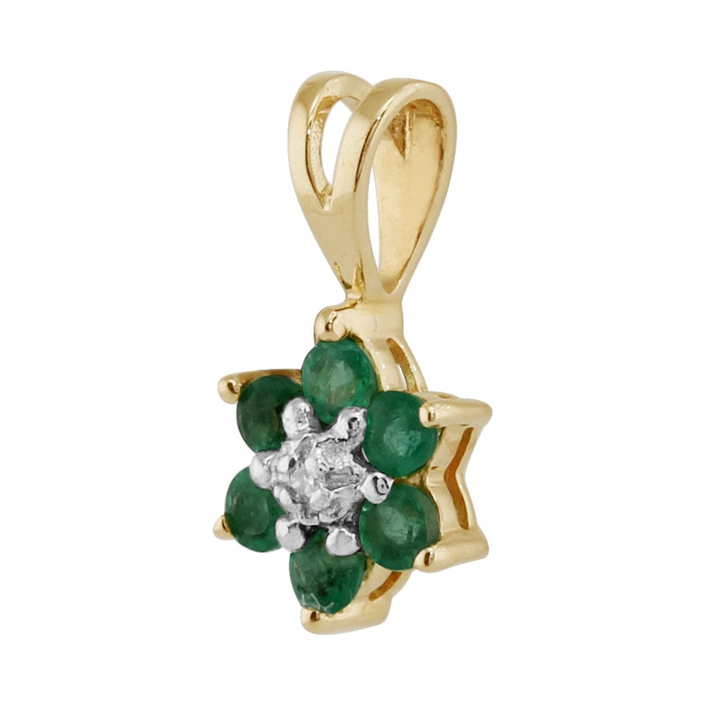 10192-10447 Floral Round Emerald & Diamond Cluster Stud Earrings & Pendant Set in 9ct Yellow Gold 6