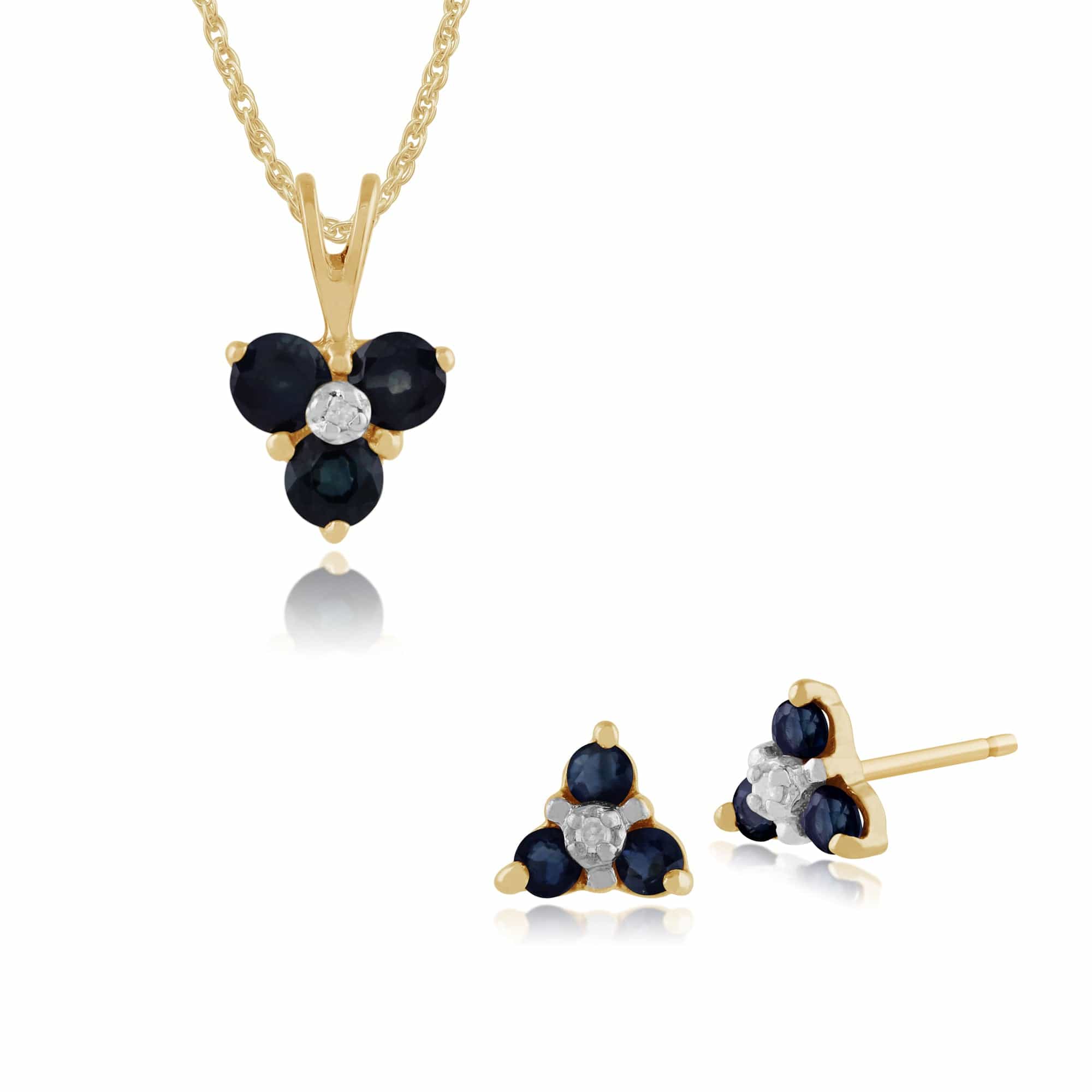 26930-181P0014169 Floral Round Sapphire & Diamond Flower Stud Earrings & Pendant Set in 9ct Yellow Gold 1