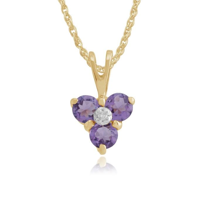 Classic Round Amethyst & Diamond Cluster Pendant in 9ct Yellow Gold - Gemondo