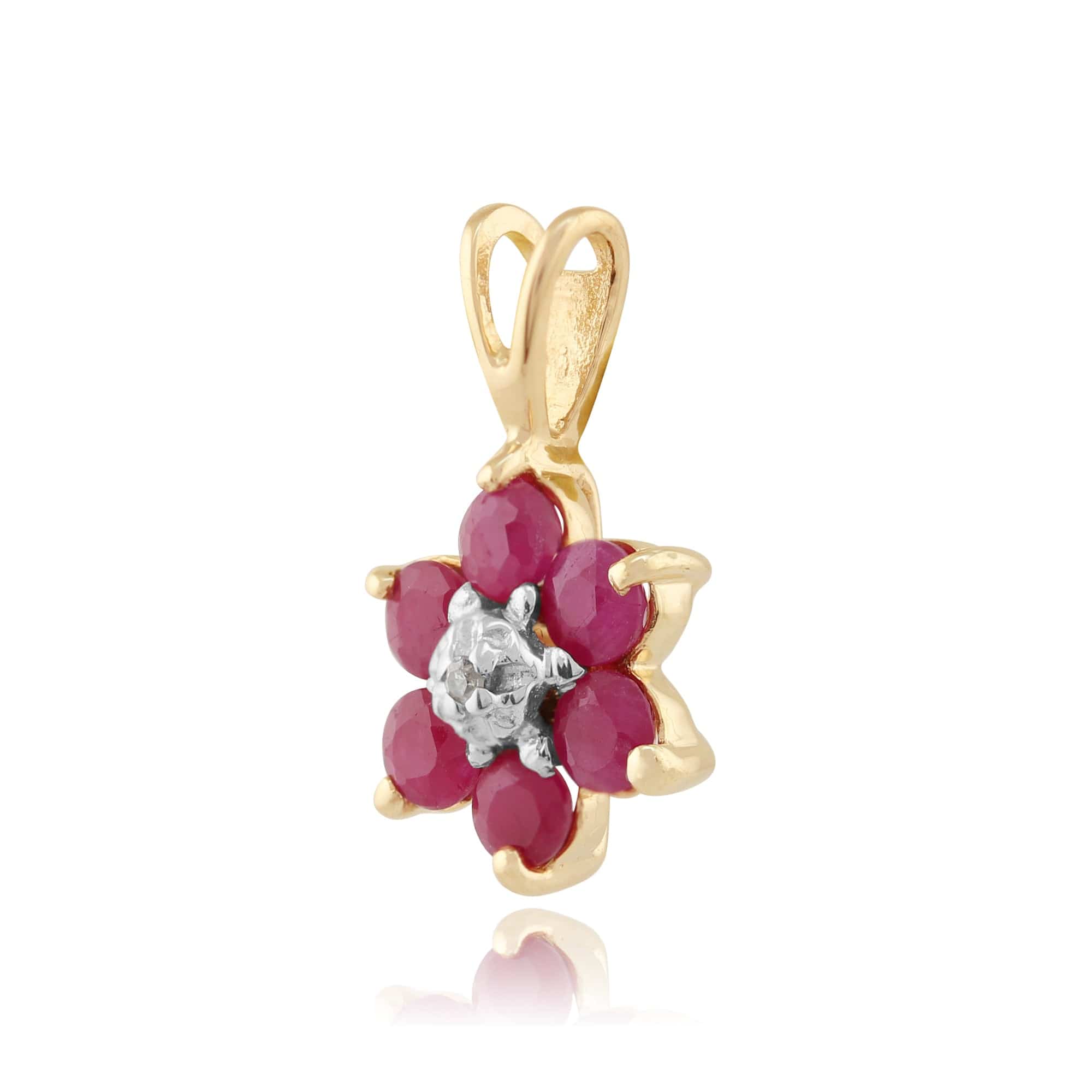 10498-10190 Floral Round Ruby & Diamond Flower Cluster Stud Earrings & Pendant Set in 9ct Yellow Gold 5