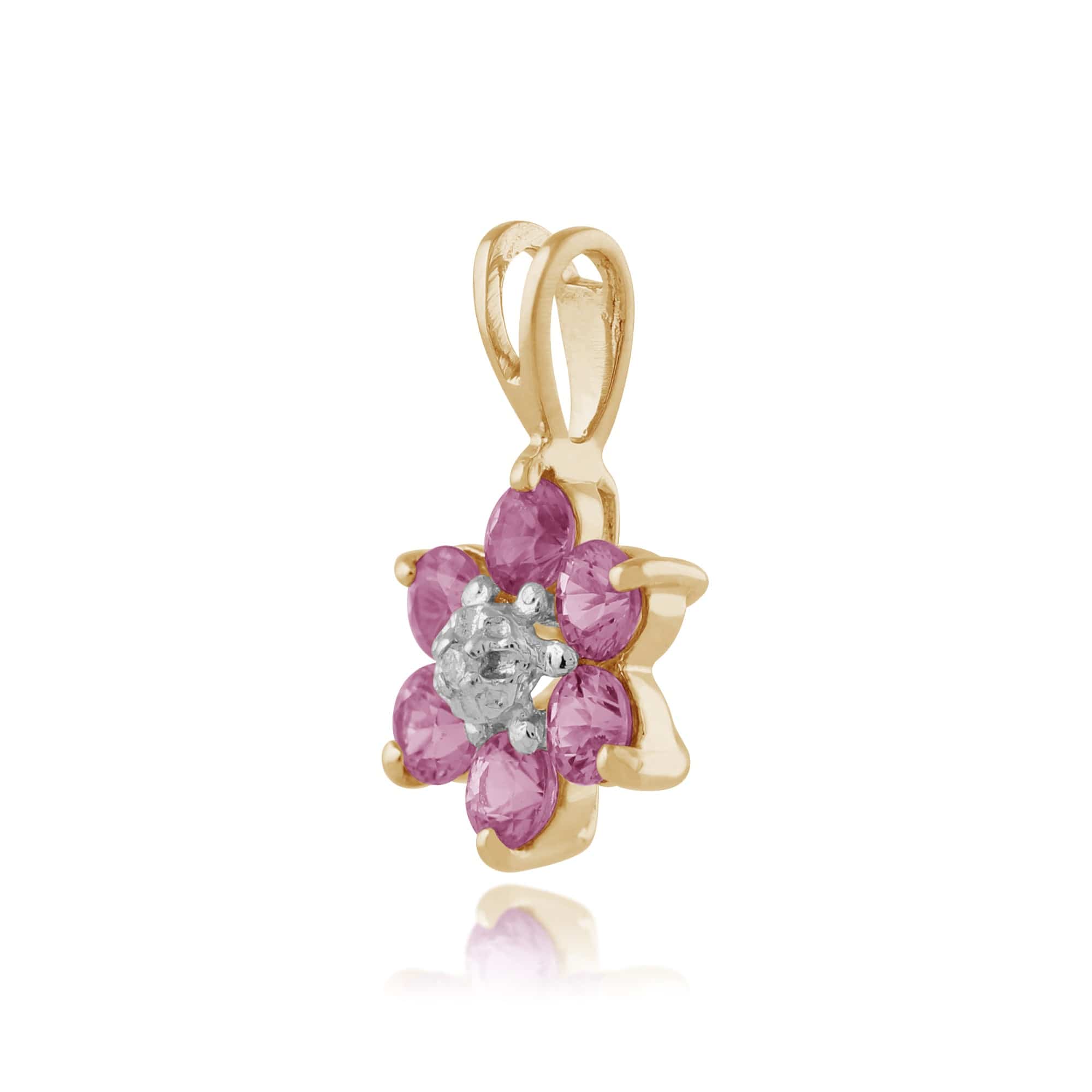 Floral Round Pink Sapphire & Diamond Cluster Pendant in 9ct Yellow Gold - Gemondo