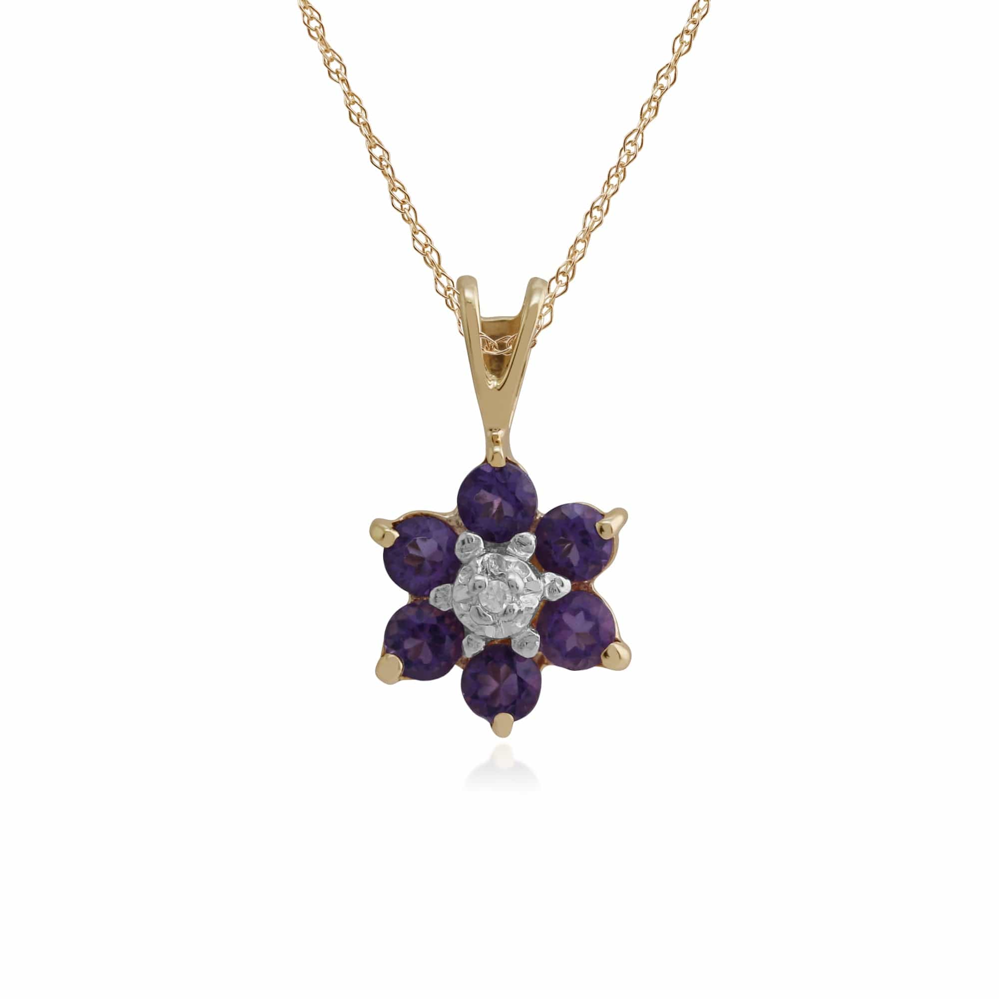 Floral Round Amethyst & Diamond Cluster Pendant in 9ct Yellow Gold - Gemondo