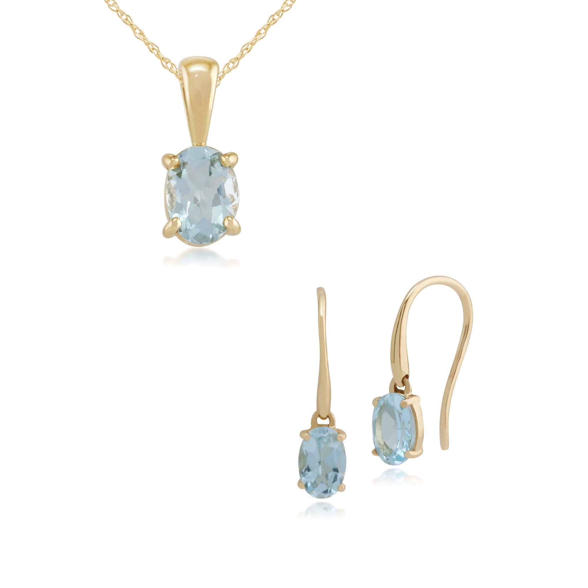 Classic Oval Aquamarine Single Stone Drop Earrings & Pendant Set in 9ct Yellow Gold