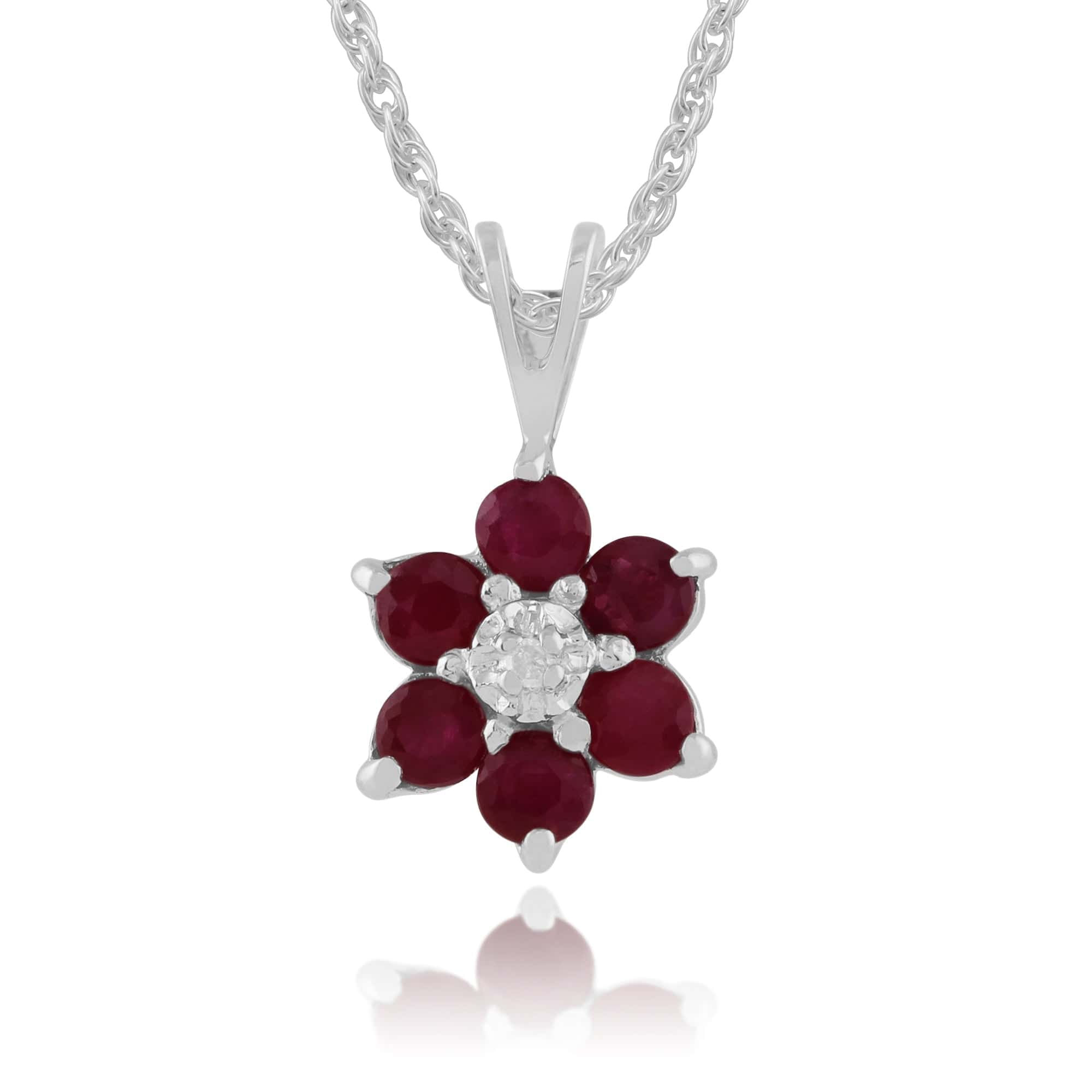 Floral Round Ruby & Diamond Pendant in 9ct White Gold - Gemondo