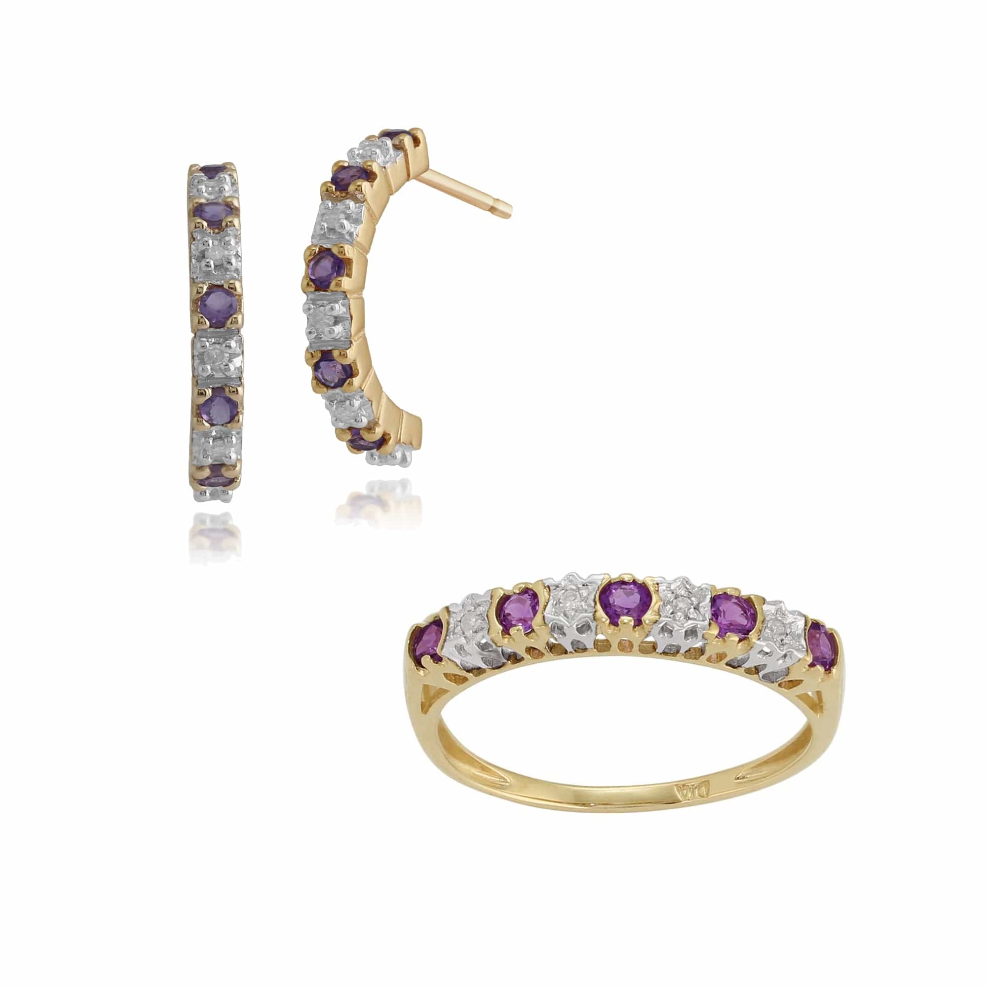 181E0763099-181R0853289 Classic Amethyst & Diamond 9ct yellow Gold Half Eternity Hoop Earrings & Ring 1