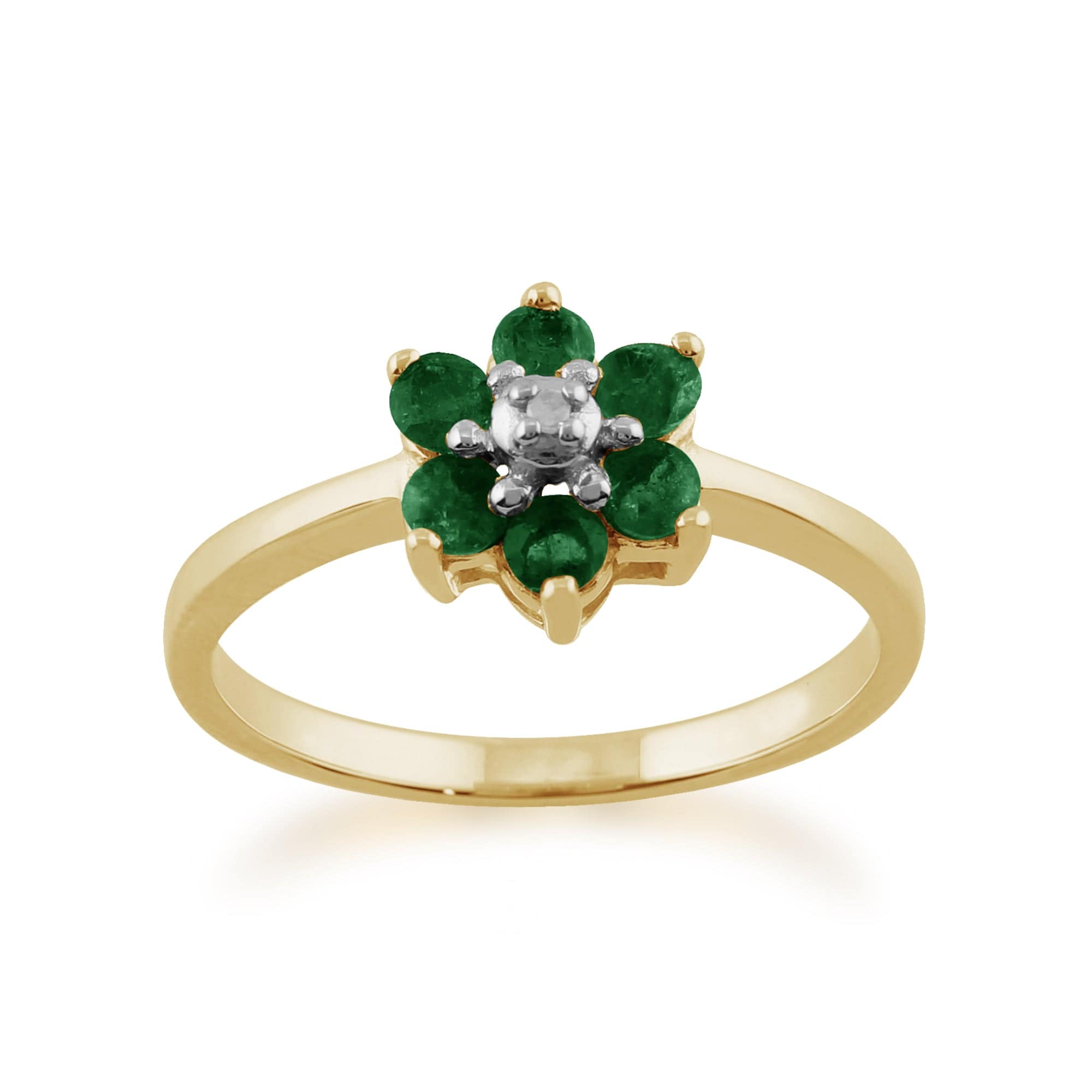 Floral Round Emerald & Diamond Cluster Ring in 9ct Yellow Gold - Gemondo