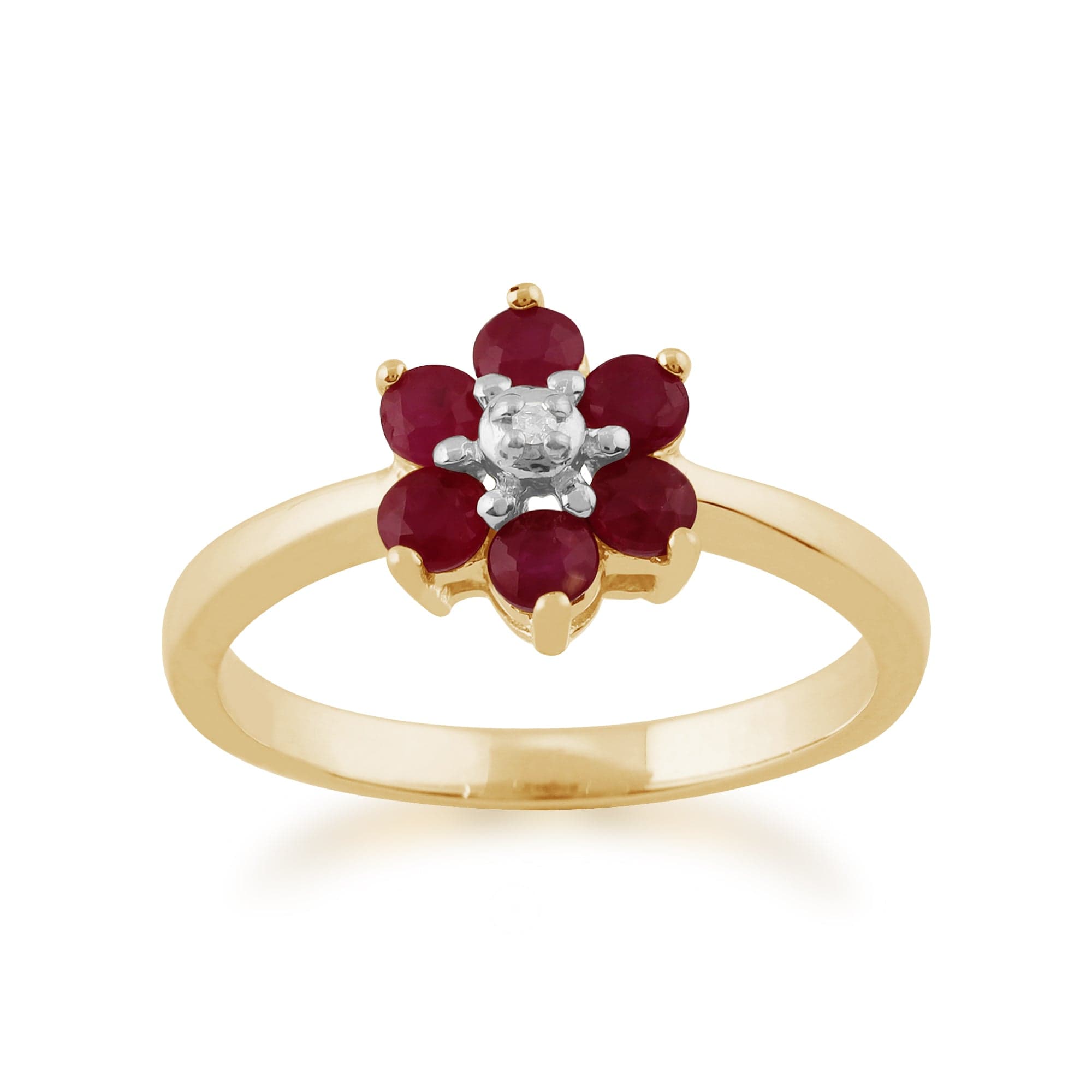 Floral Round Ruby & Diamond Cluster Ring in 9ct Yellow Gold - Gemondo