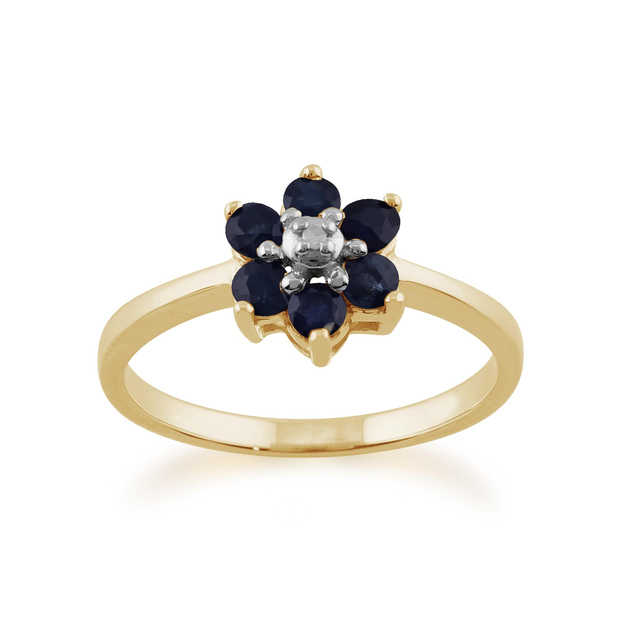 Floral Round Sapphire & Diamond Cluster Ring in 9ct Yellow Gold