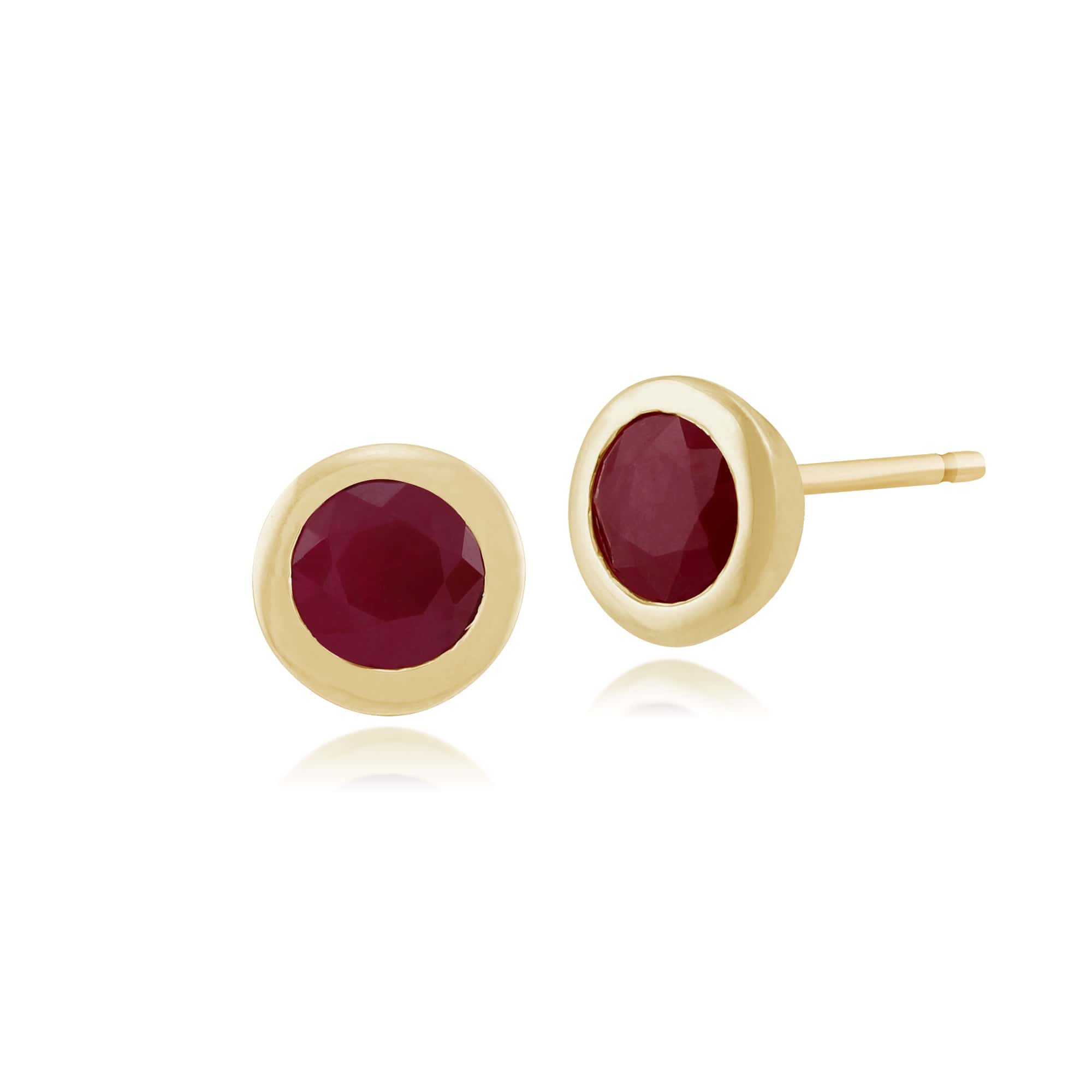 Classic Round Ruby Bezel Stud Earrings in 9ct Yellow Gol - Gemondo