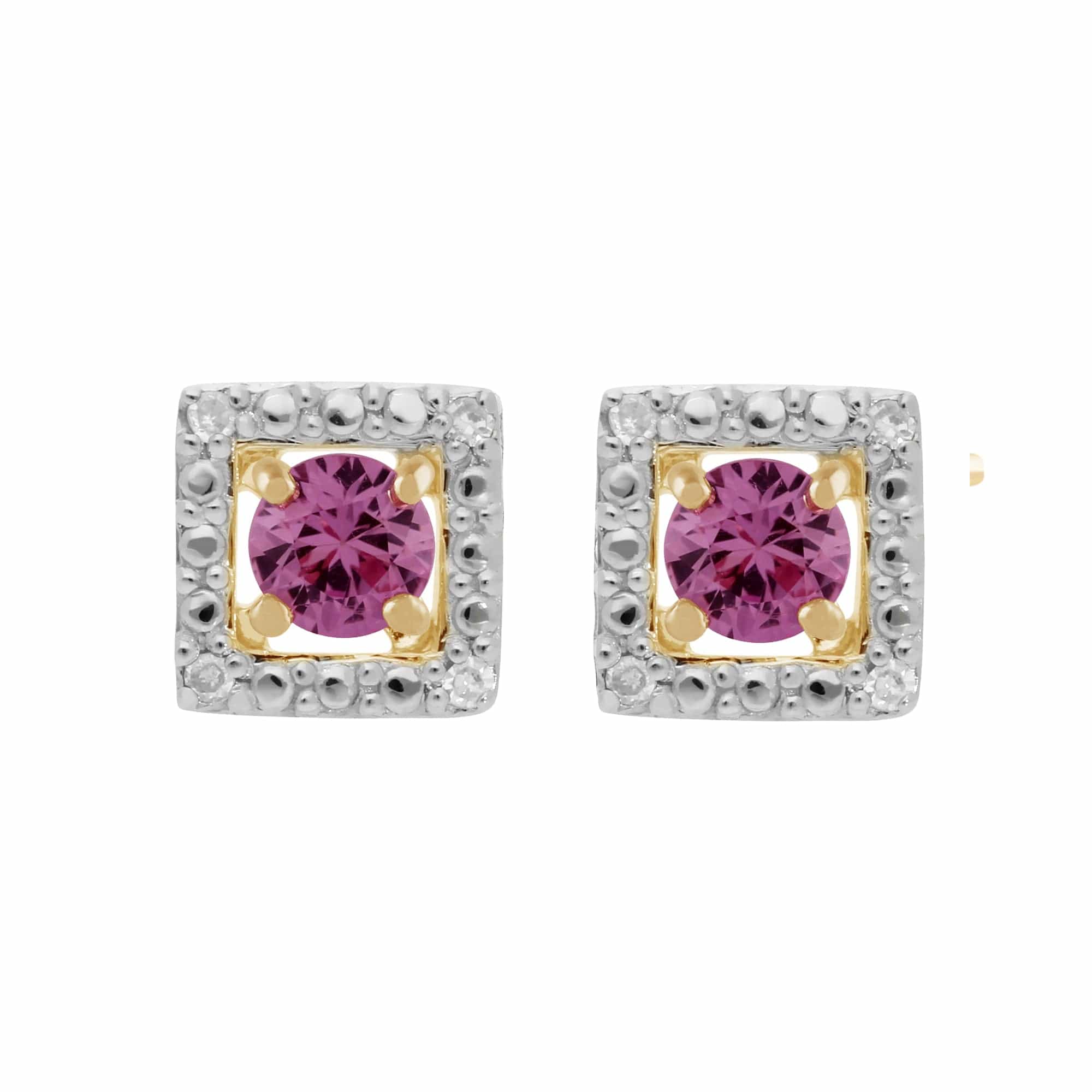 183E0083259-191E0379019 Classic Round Pink Sapphire Stud Earrings with Detachable Diamond Square Earrings Jacket Set in 9ct Yellow Gold 1