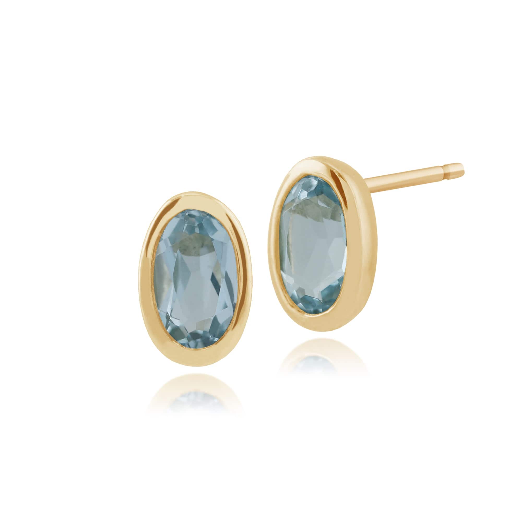 Classic Oval Blue Topaz Bezel Set Stud Earrings in 9ct Yellow Gold - Gemondo